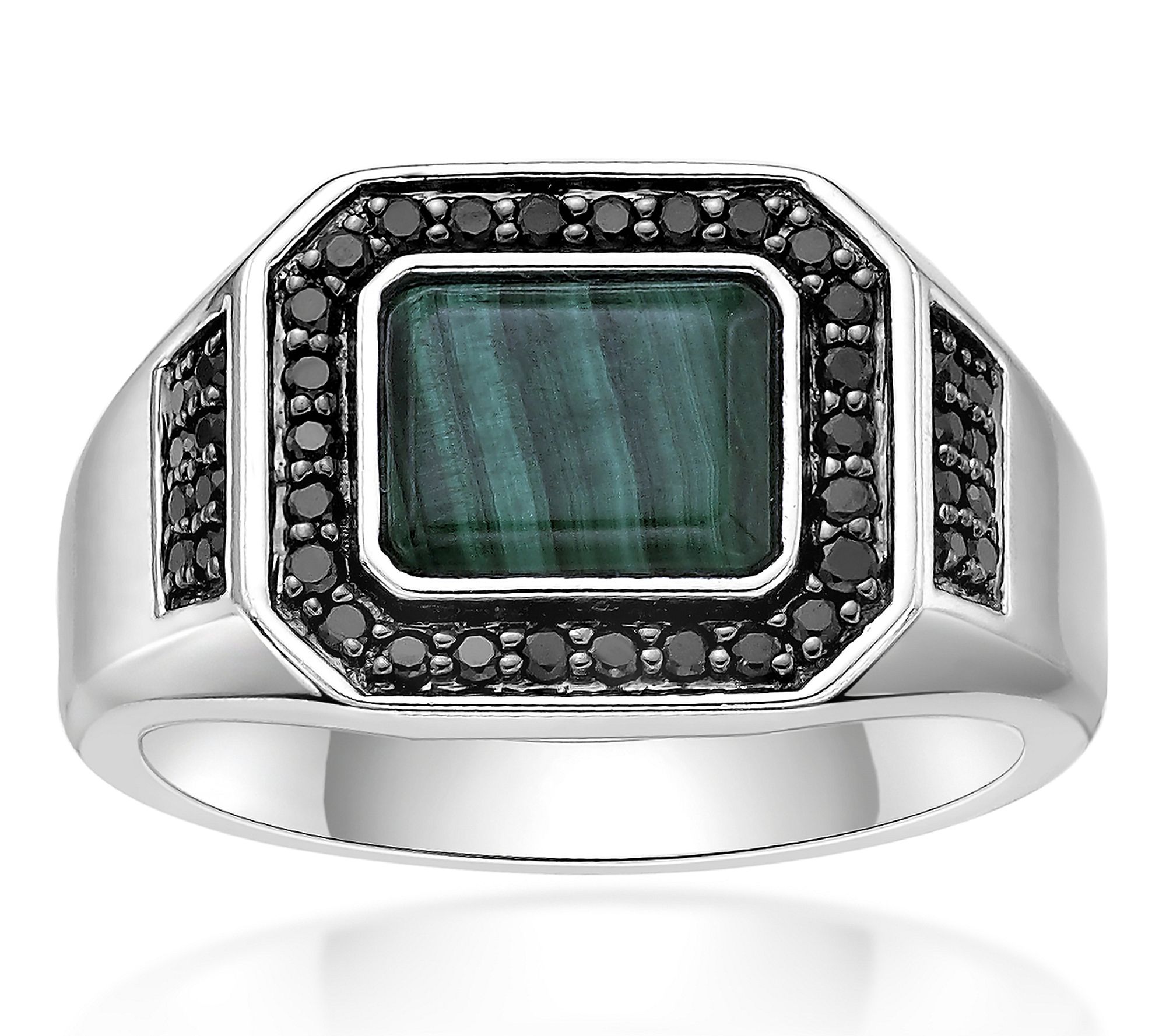 LYMX Men's Sterling Silver Malachite & Black Diamond Ring