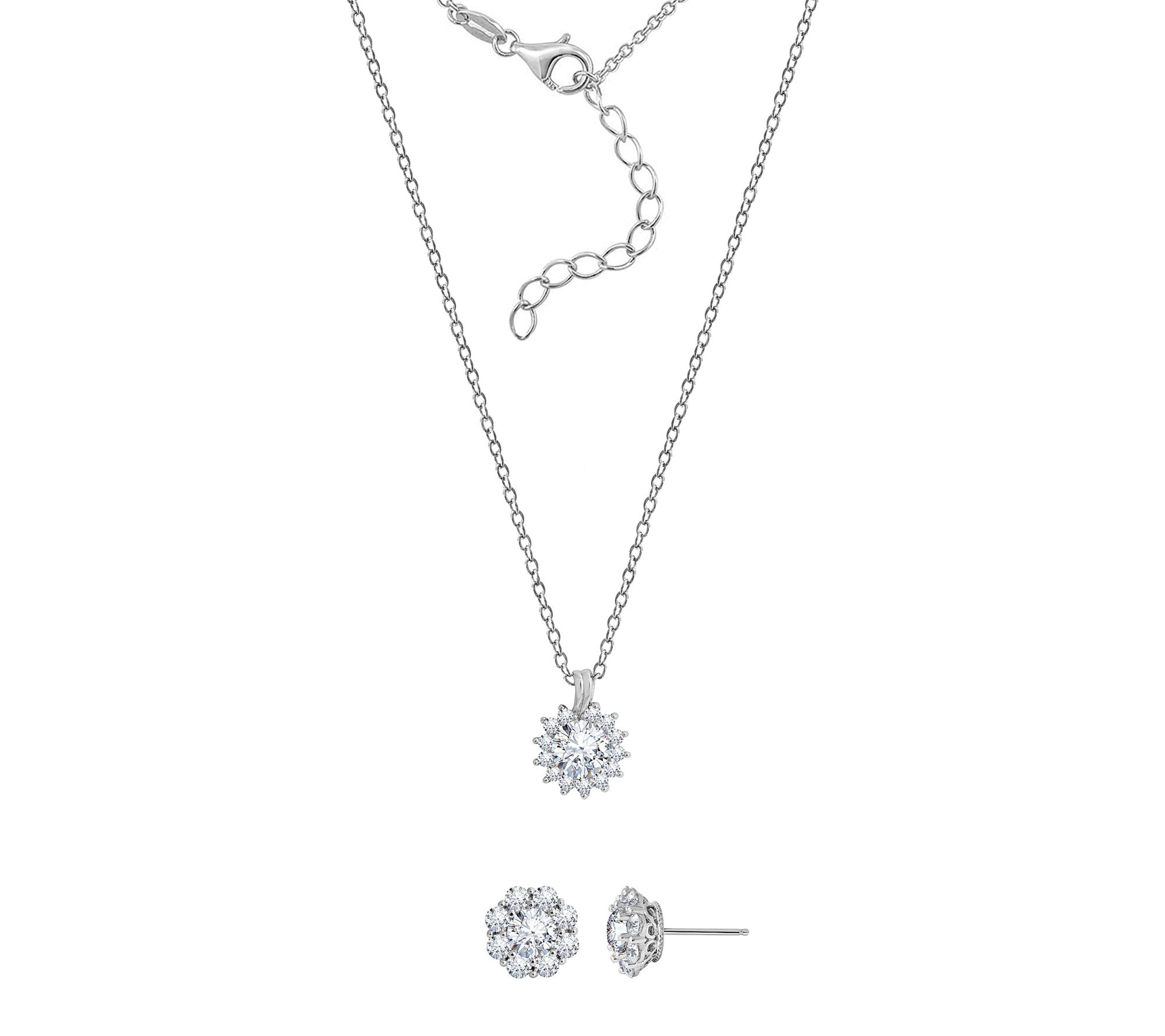 Diamonique Halo Necklace & Earrings Set, Sterling Silver