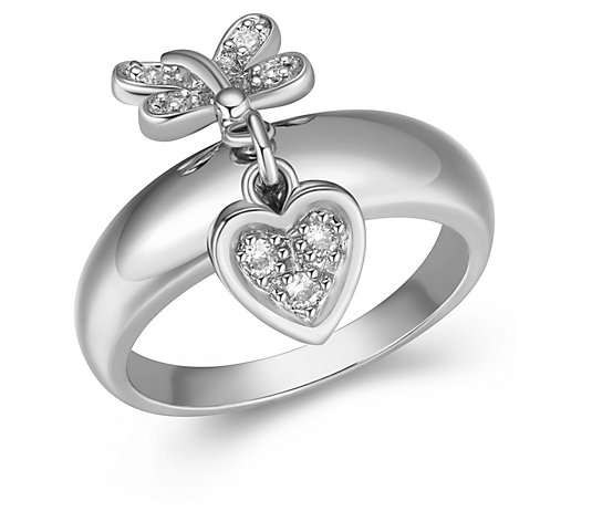Diamonique Butterfly & Heart Charm Ring, Platinum Clad