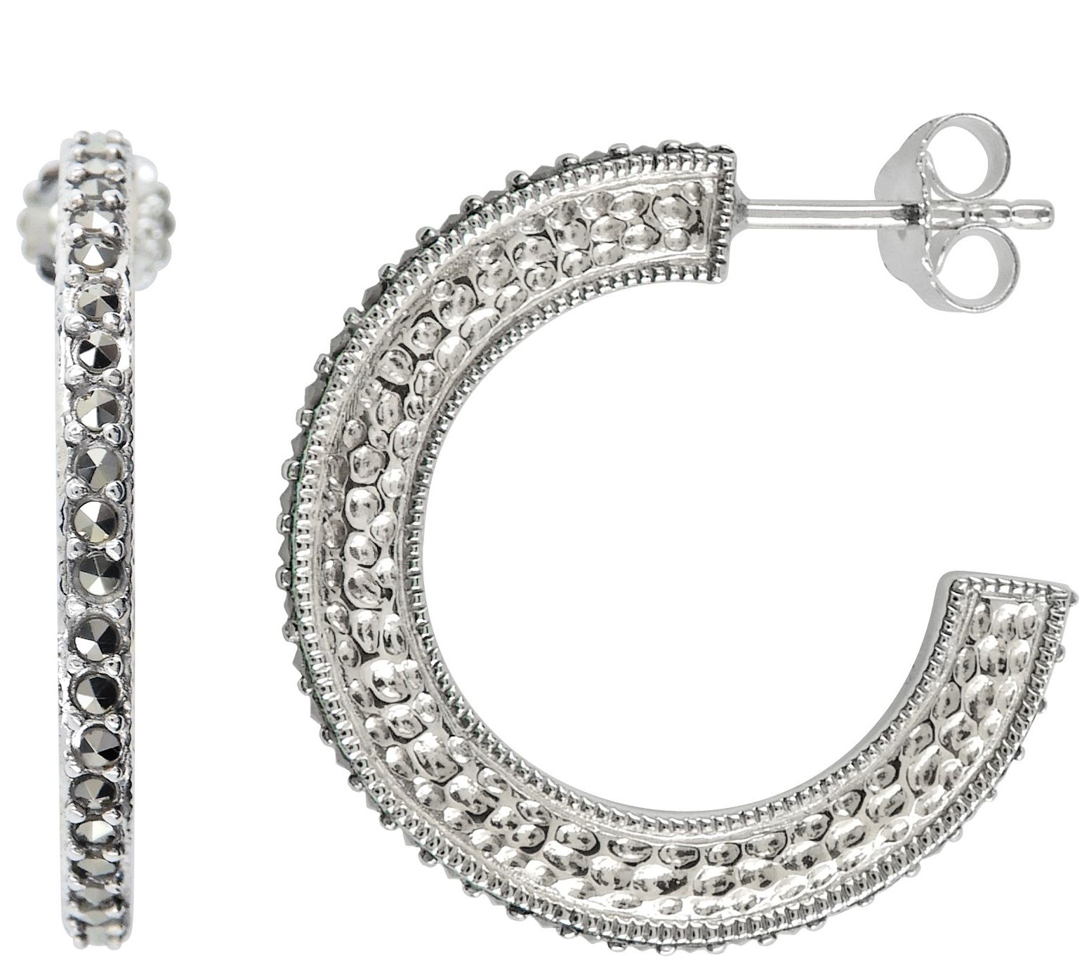Suspicion Sterling Silver Marcasite Textured Hoop Earrings