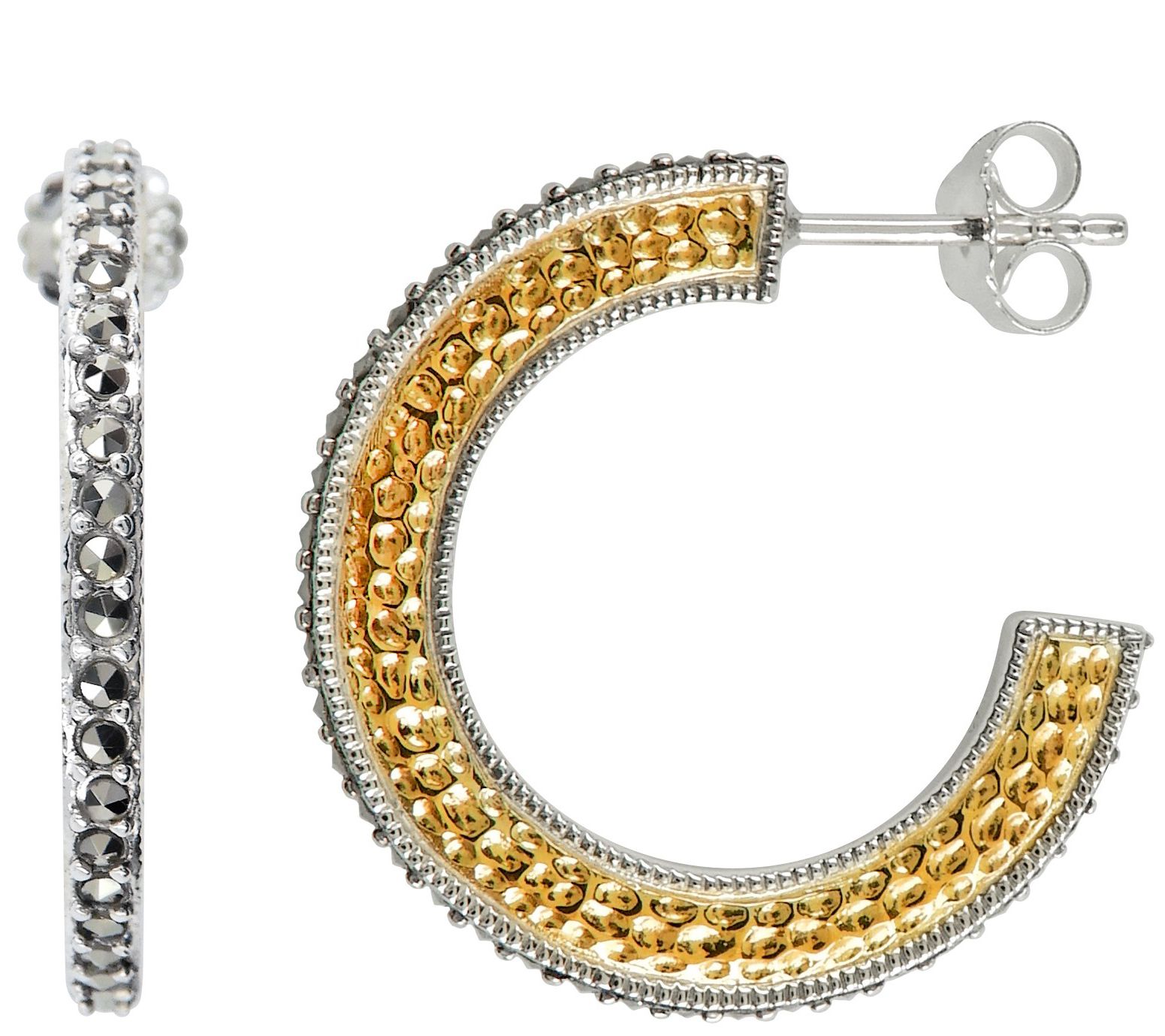 Suspicion Sterling Silver Marcasite Textured Hoop Earrings
