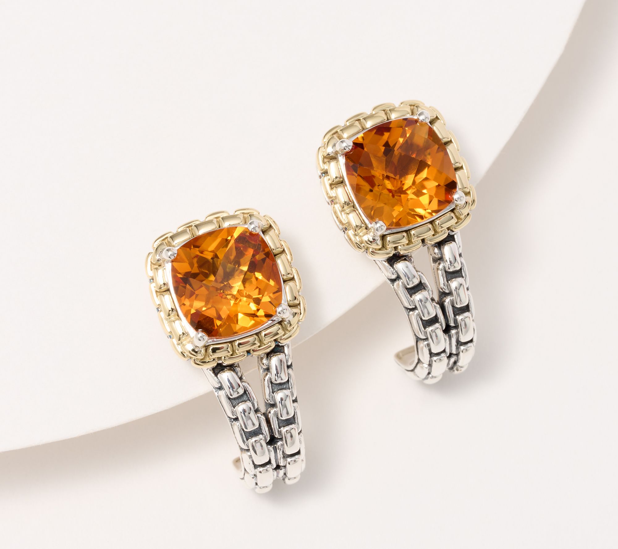 "As Is" JAI Sterling Silver & 14K Cushion Gemstone Box Chain Earrings