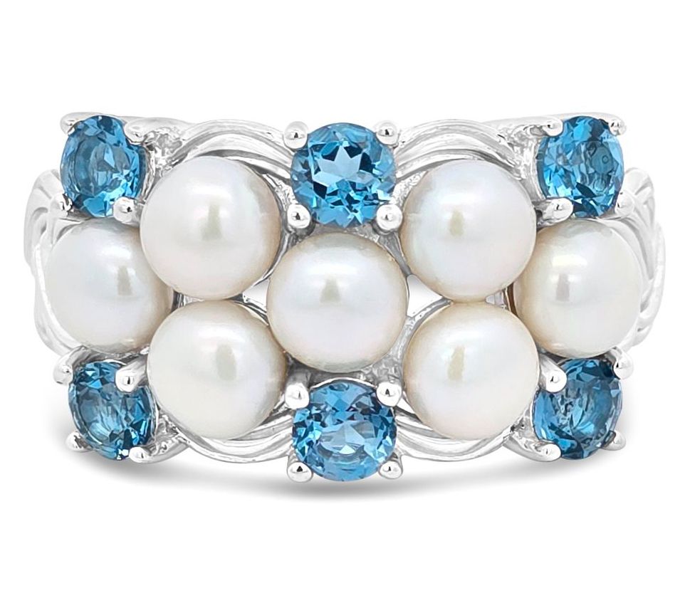 Ariva Sterling Silver Cultured Pearl & Blue Topaz Newport Ring