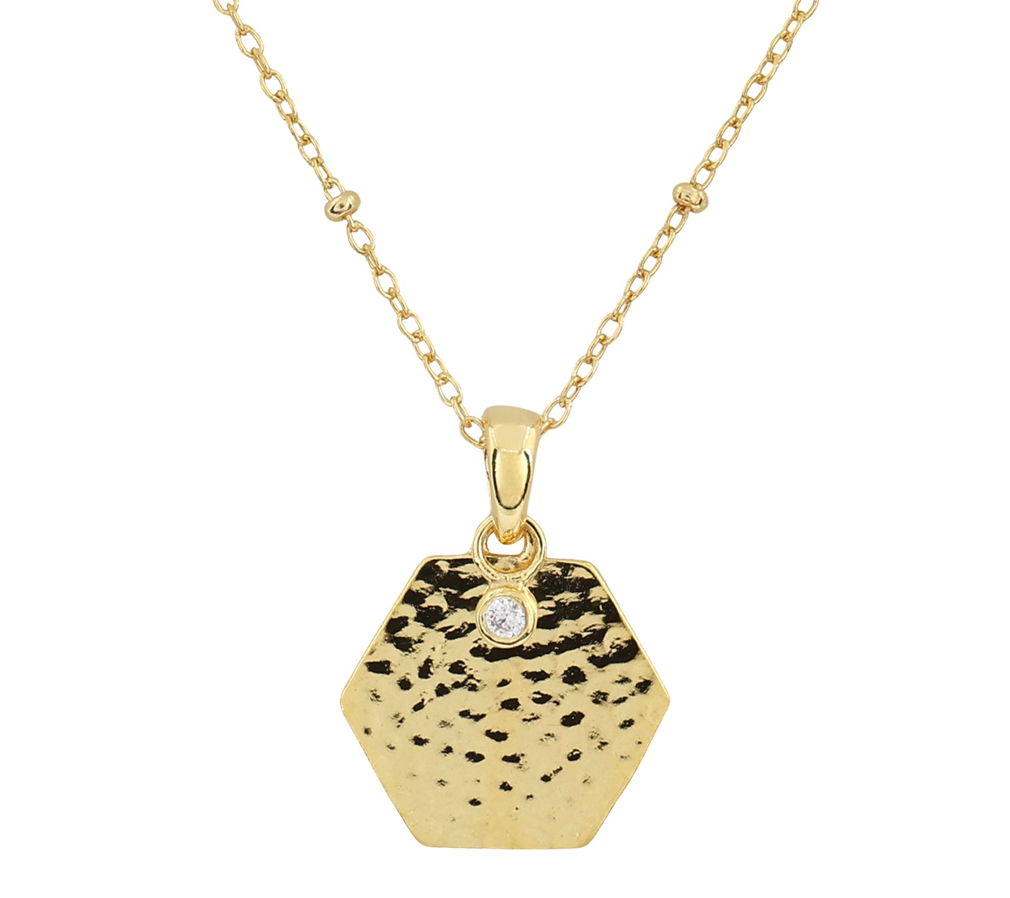 Diamonique Hammered Pendant w/ Chain, 14K GoldPlated