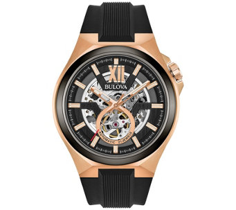 Bulova Men's Automatic Rosetone Watch w/ BlackSilicone Strap - J375133