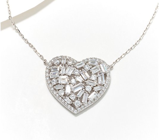 Diamonique Baguette & Round 18" Heart Necklace, Sterling Silver