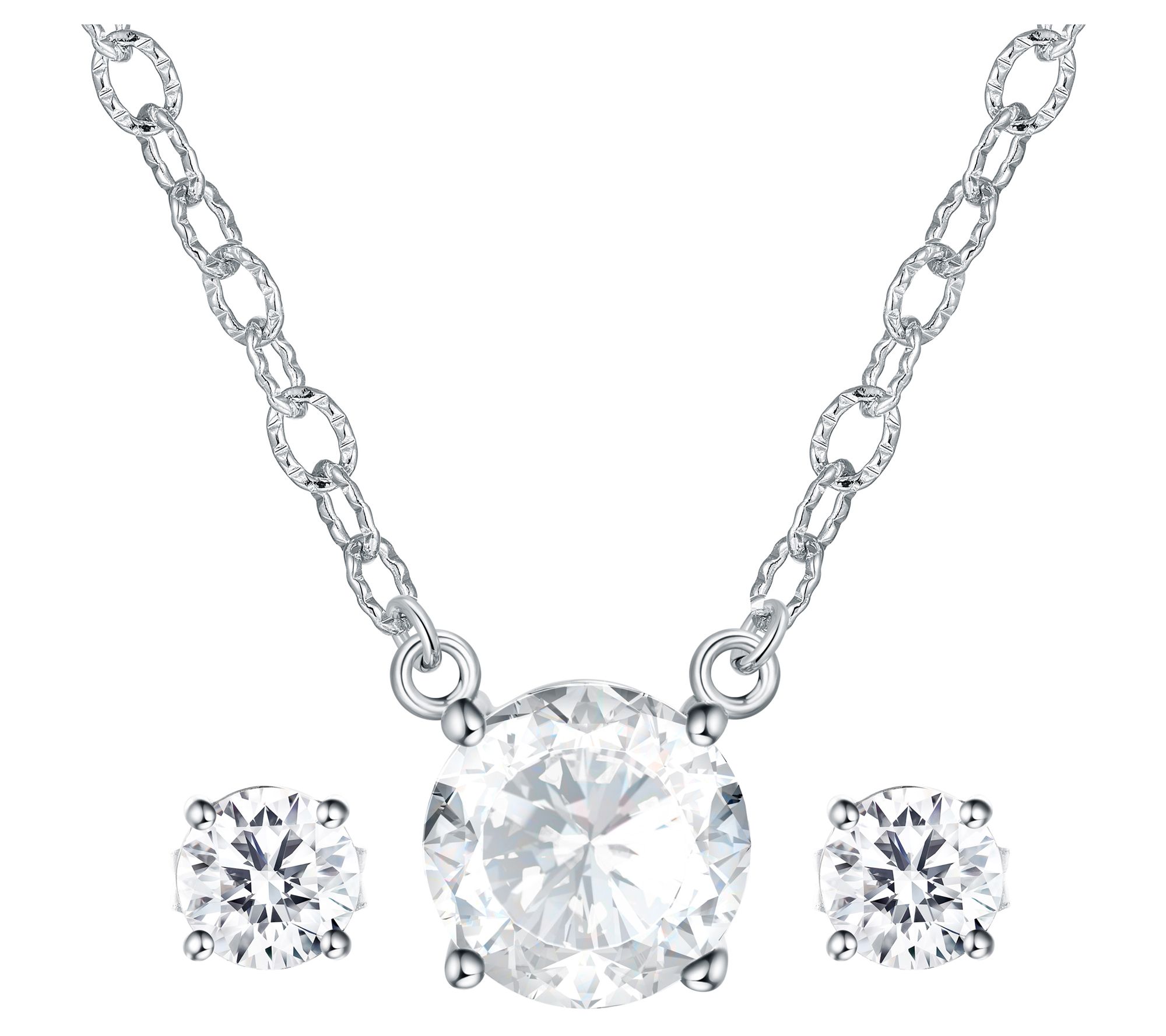 Diamonique Round with Diamond Cut Necklace & Stud Earrings Set