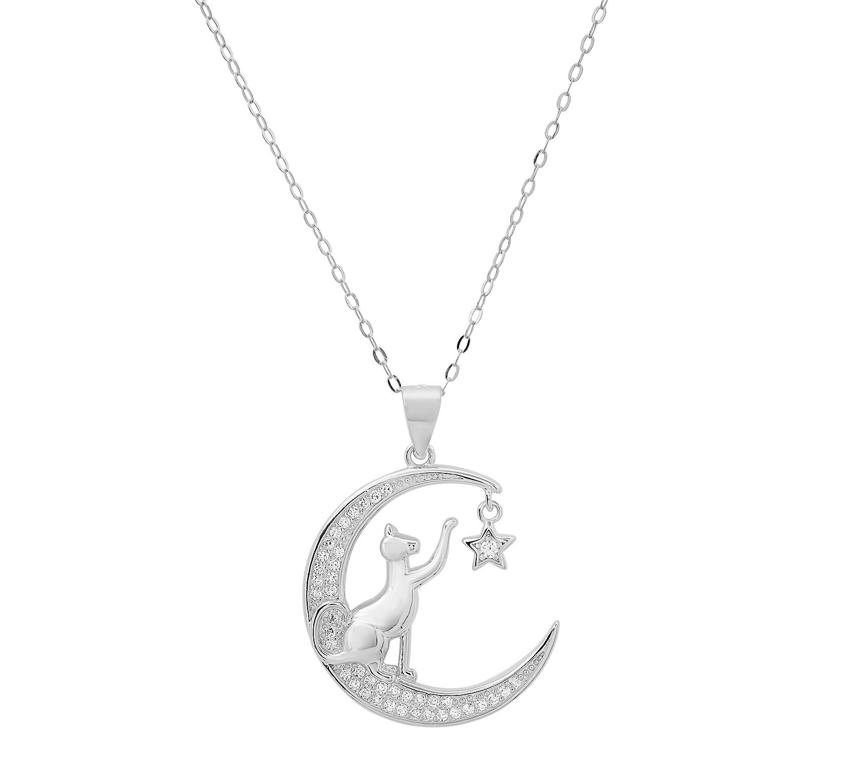 Diamonique Playful Cat Moon Pendant w/ Chain, Sterling Silver