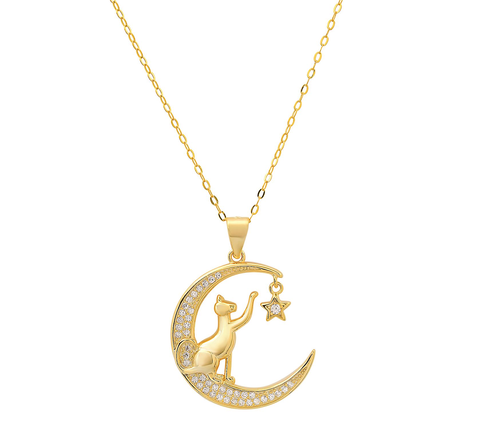 Diamonique Playful Cat Moon Pendant w/ Chain, Sterling Silver