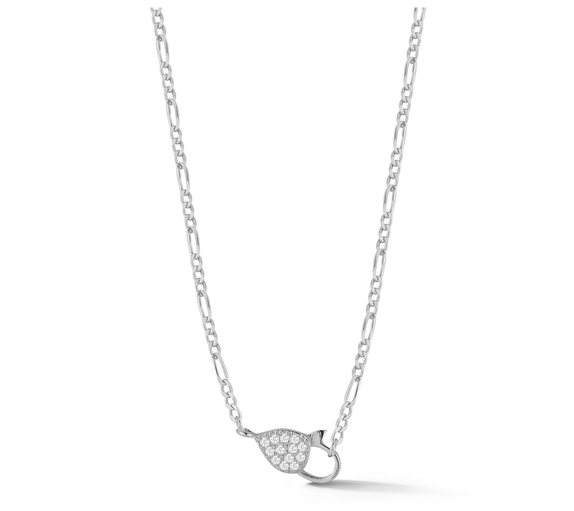 Sterlina Silver Pave Lobster Clasp Figaro Necklace, Sterling