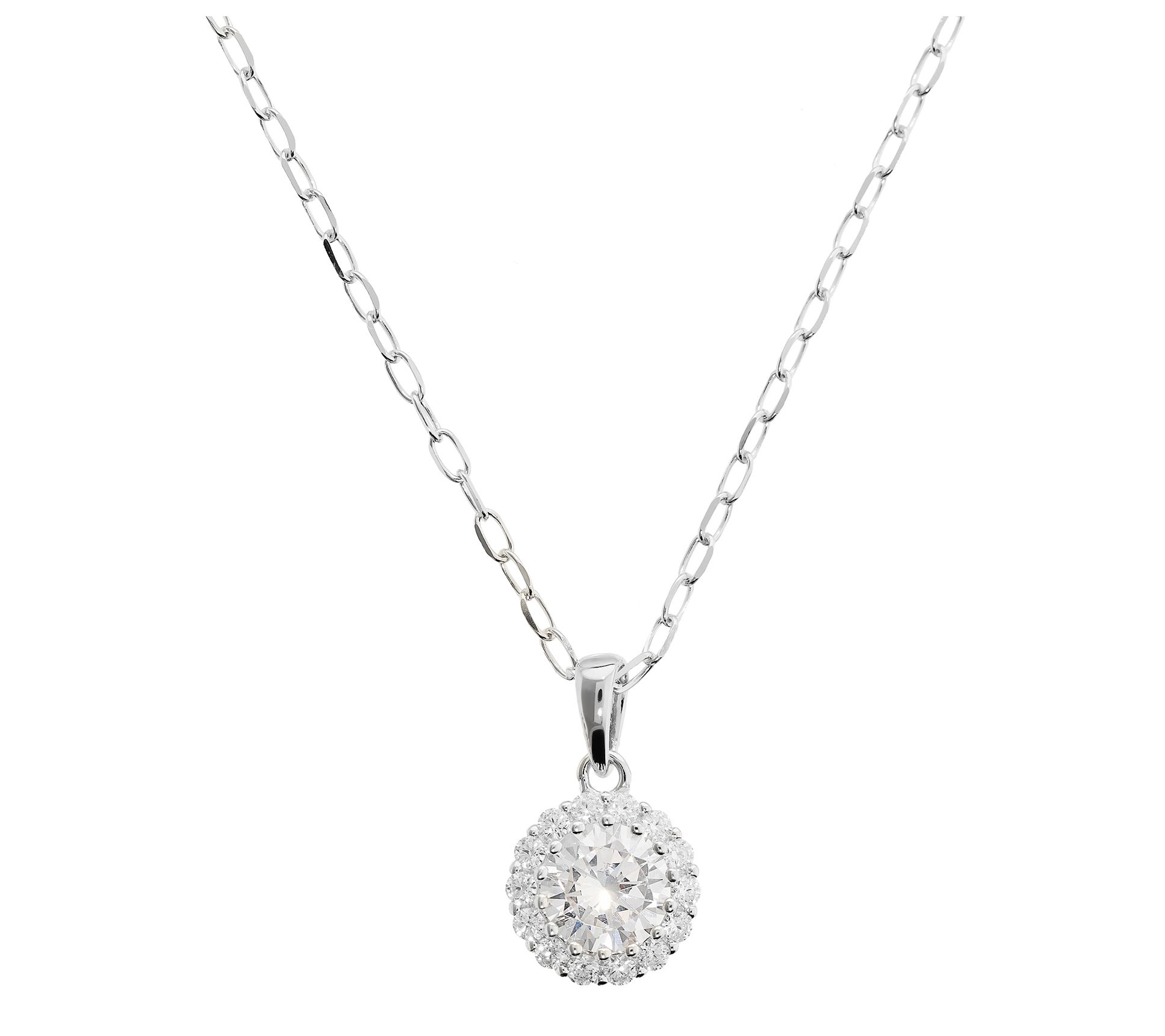Diamonique Halo Pendant w/ Chain, Sterling Silver