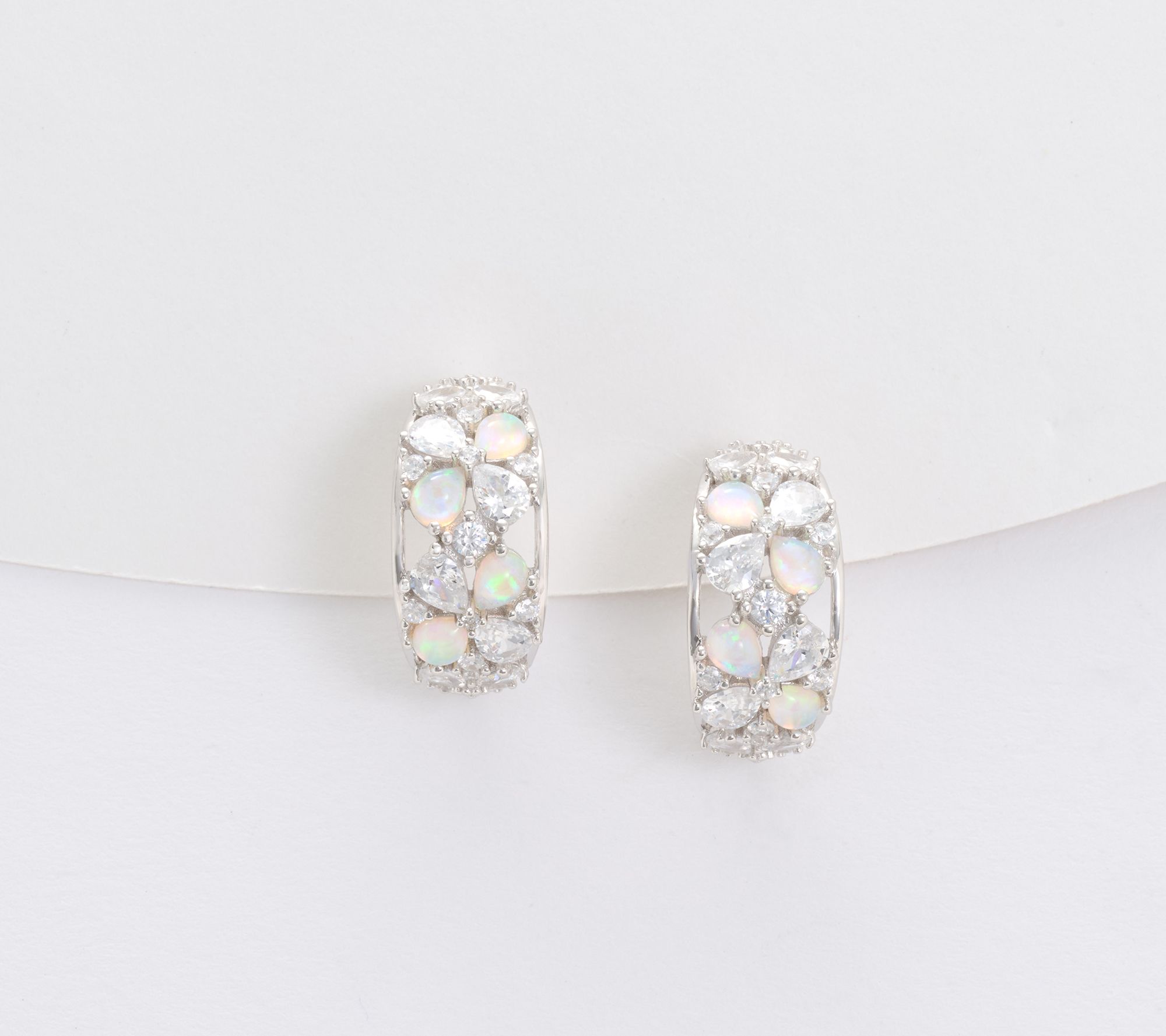 Diamonique Huggie Hoop Earrings with Simulated Opal, Sterling Silver