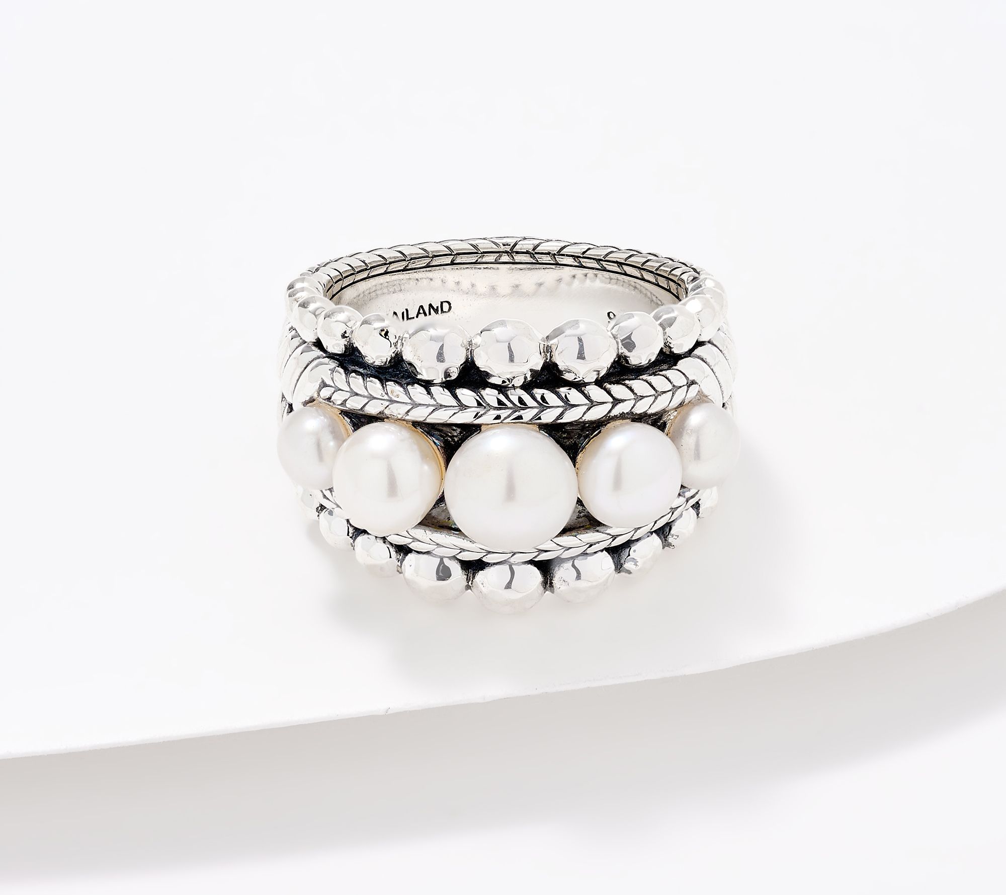 JAI Sterling Silver Graduated Cultured Pearl Band Ring