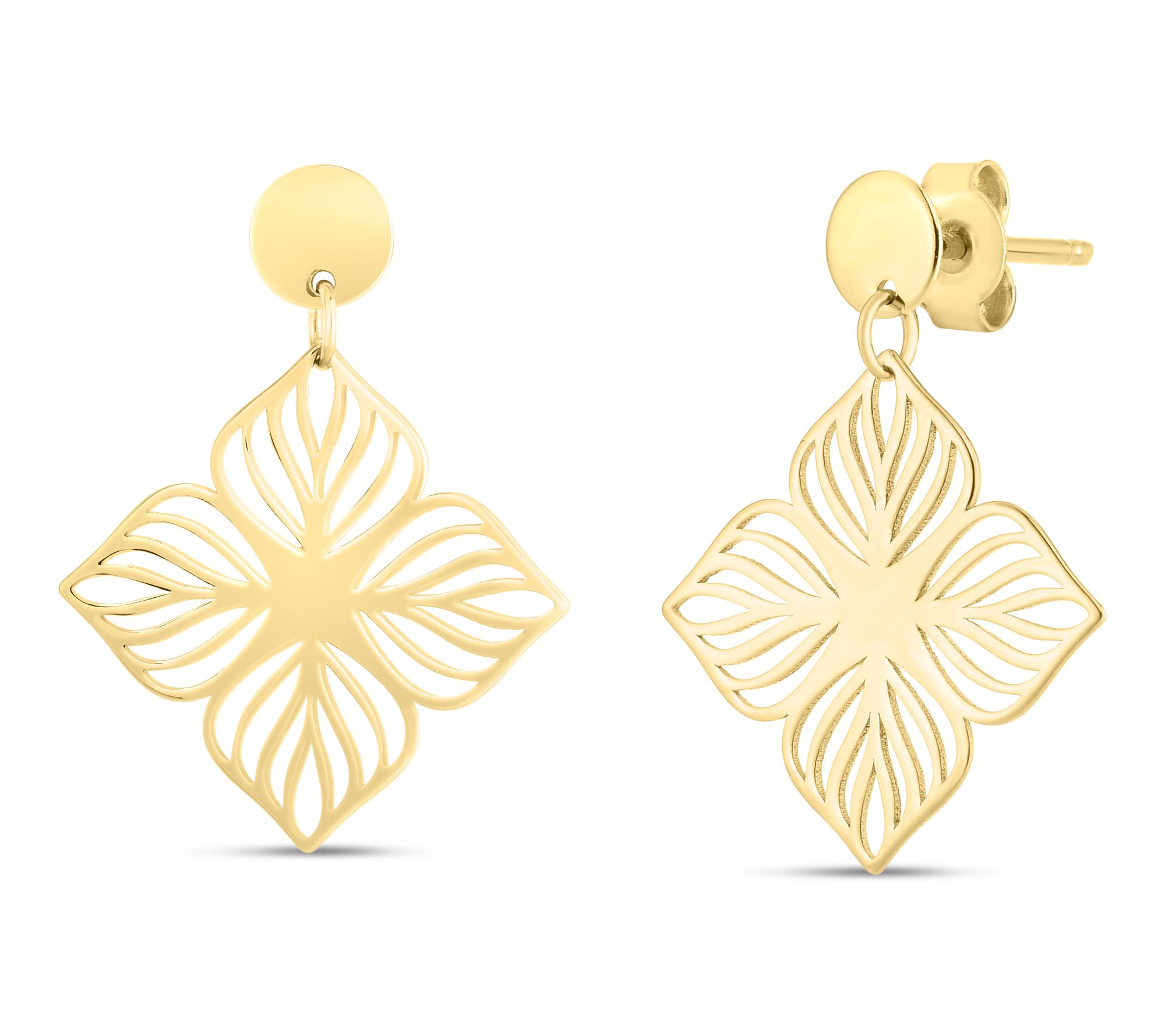 14K Gold Open Work Dangle Flower Earrings
