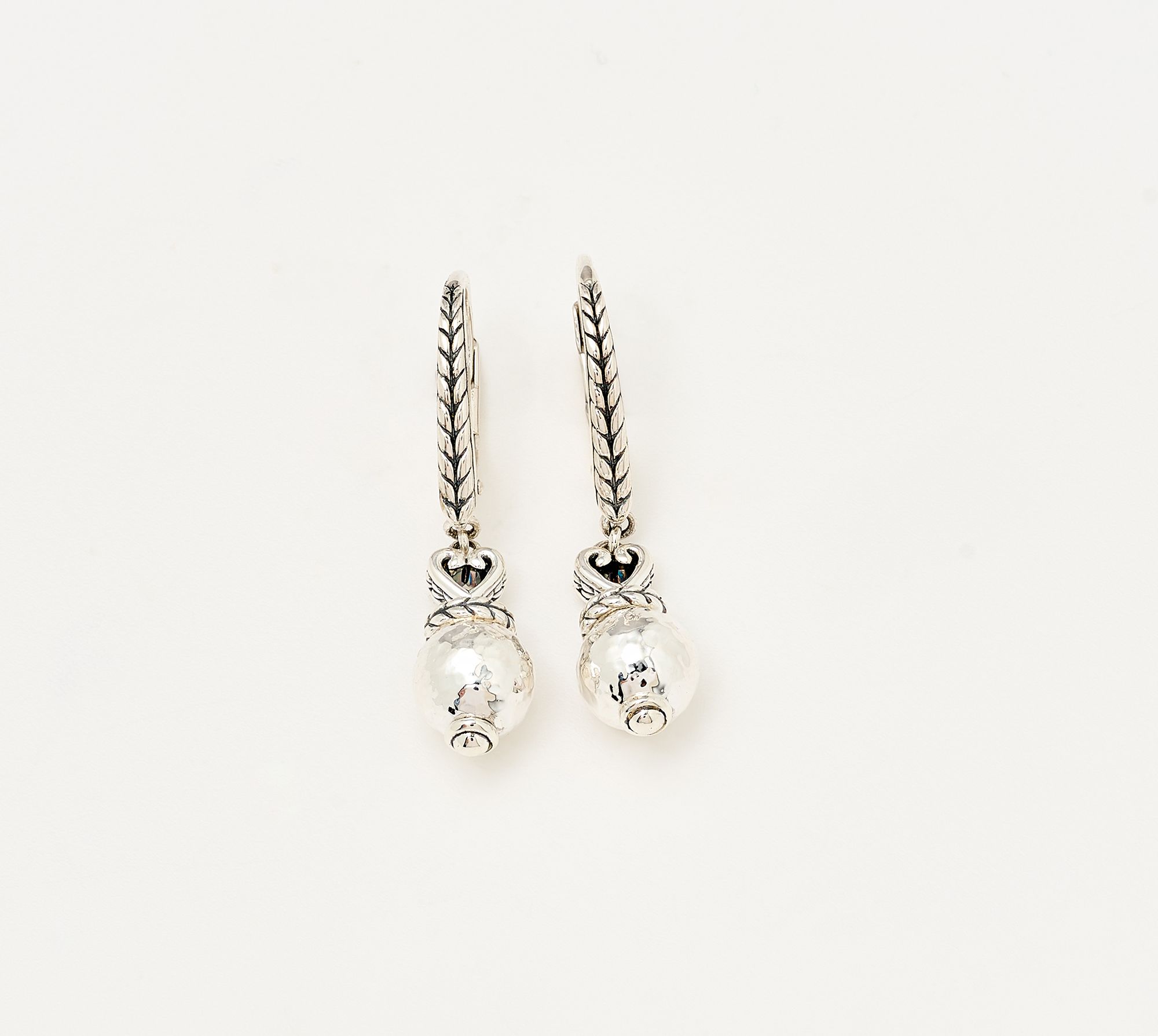 JAI Sterling Silver Hammered Bead Heart Leverback 1" Earrings