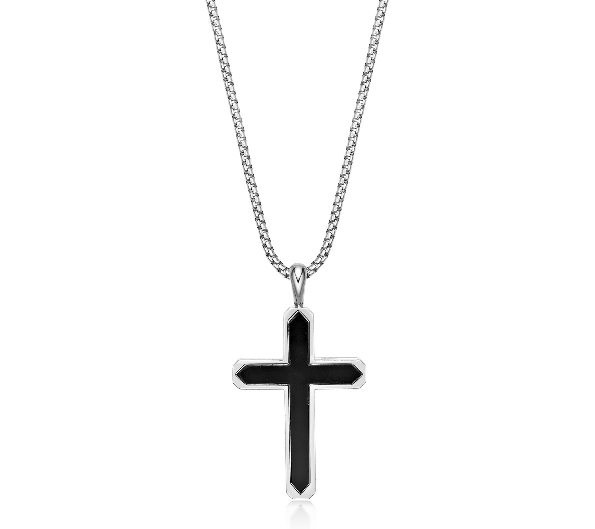 LYNX Men's Sterling Silver Onyx Cross Pendant w/ Box Chain