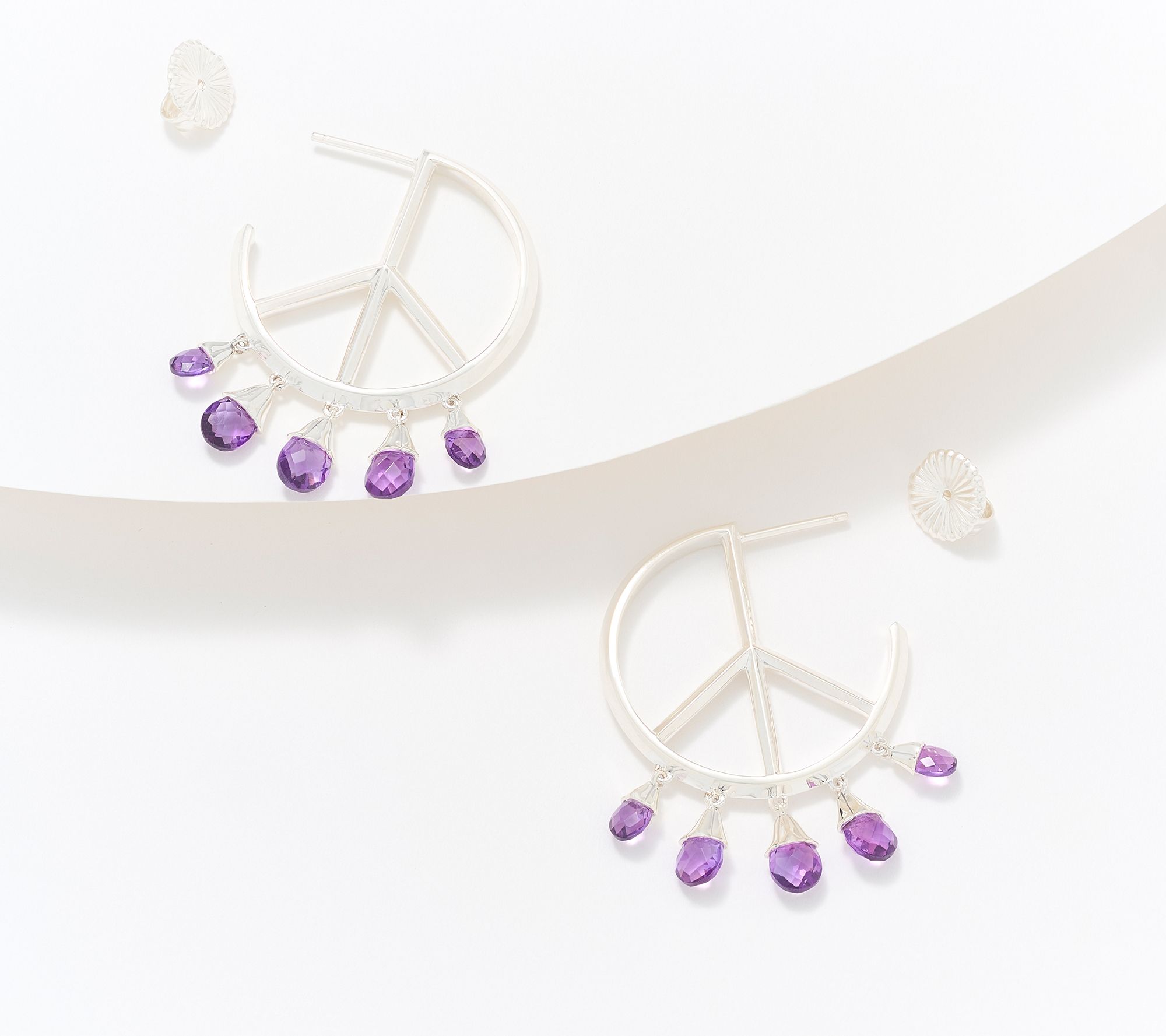 Third Person Sterling Silver Briolette Peace Sign Hoop Earrings