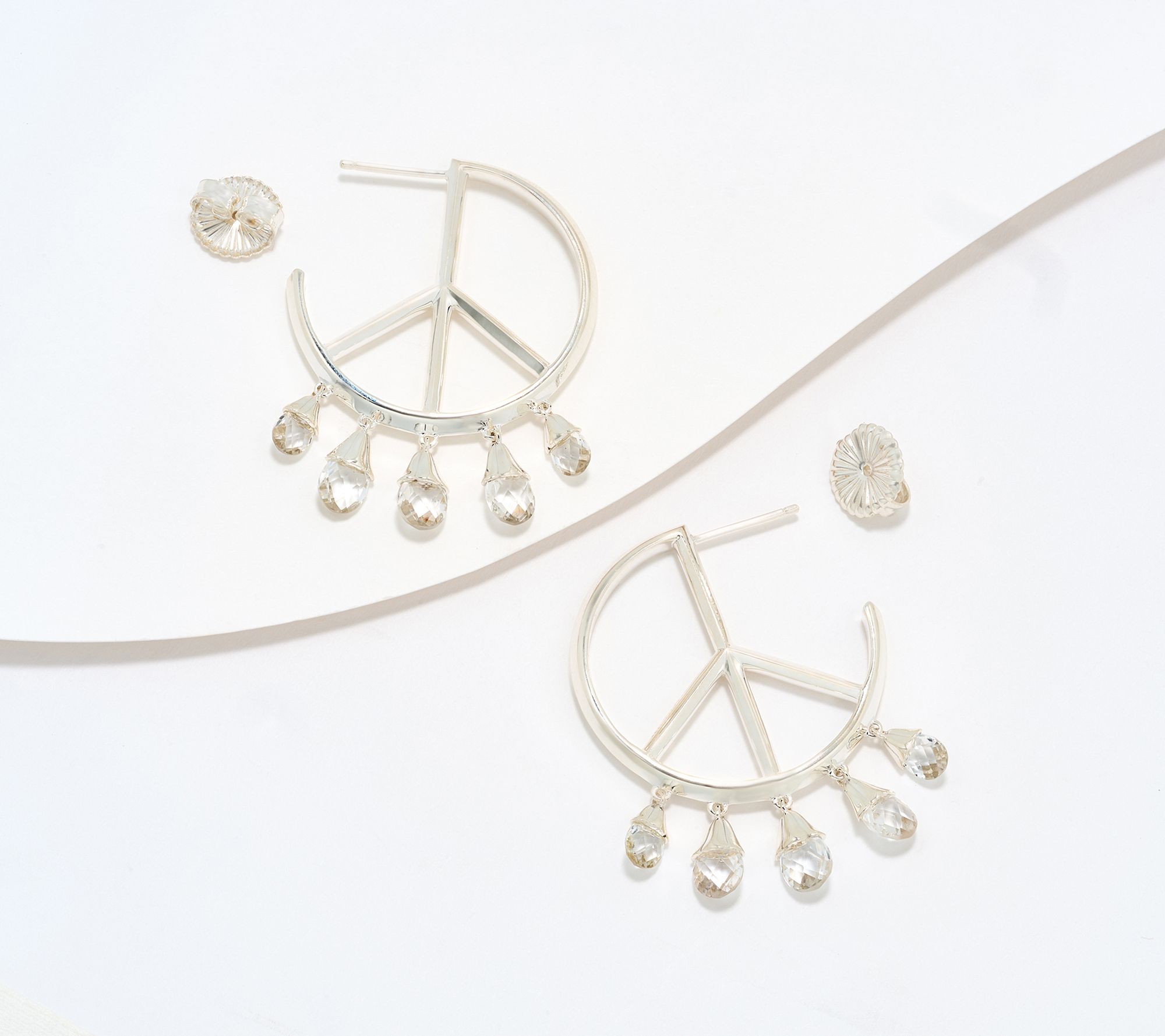 Third Person Sterling Silver Briolette Peace Sign Hoop Earrings