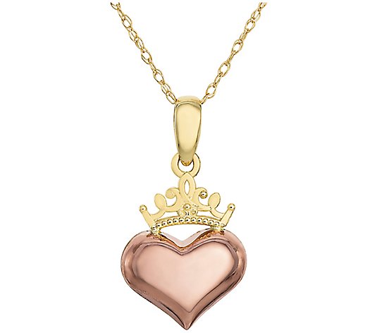 Disney Polished Crown Heart Pendant w/Chain, 14K Gold