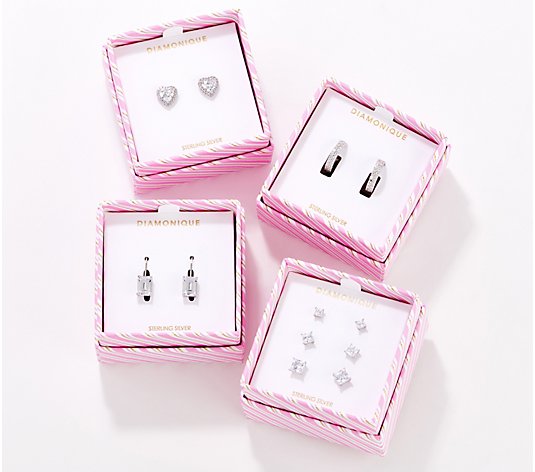 Diamonique Set of 4 Earring Gifts Sterling, Boxed