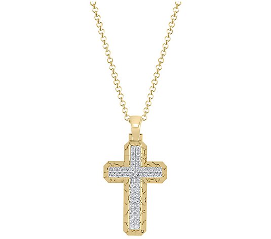 Men's Diamond Textured Cross Pendant w/ Chain, 14K Plated