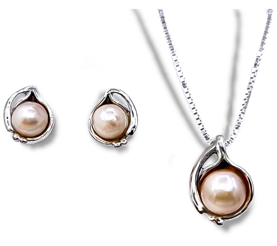 Hagit Sterling Silver Cultured Pearl Necklace &Earrings Set