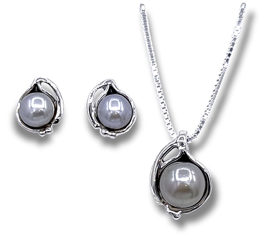 Hagit Sterling Silver Cultured Pearl Necklace &Earrings Set