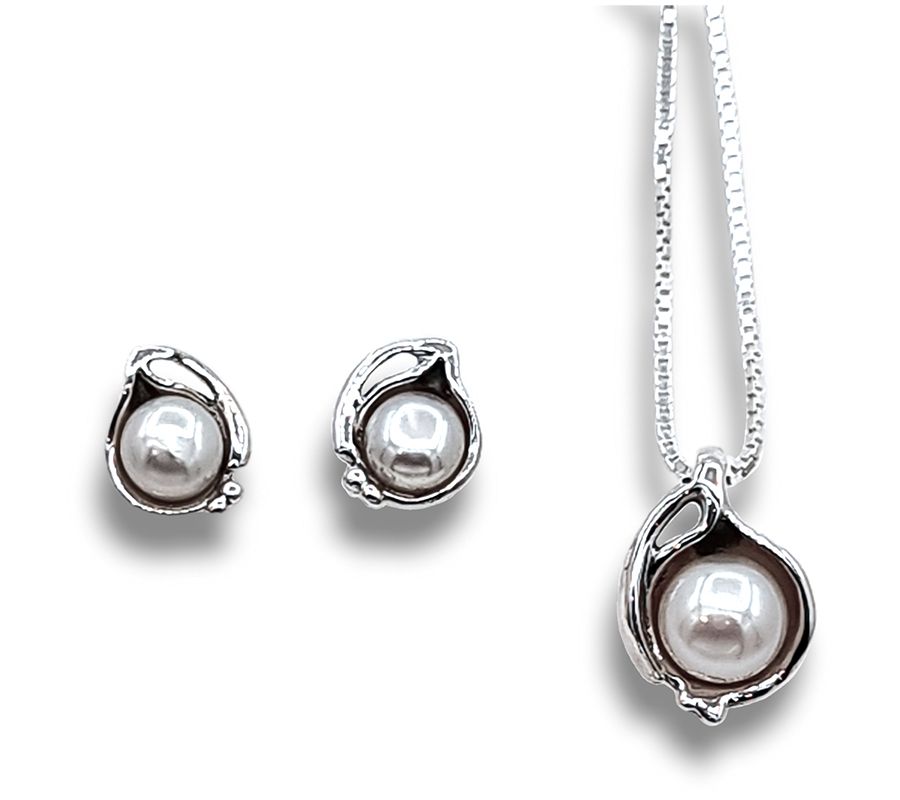 Hagit Sterling Silver Cultured Pearl Necklace &Earrings Set