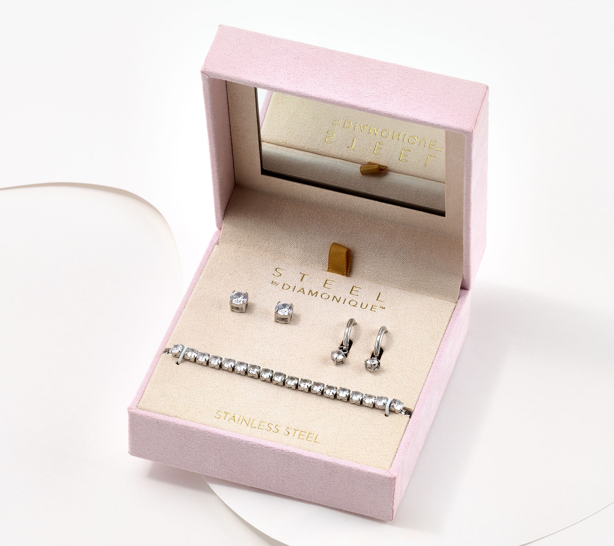 "As Is" Steel by Diamonique 3-Piece Earrings & Bracelet Set