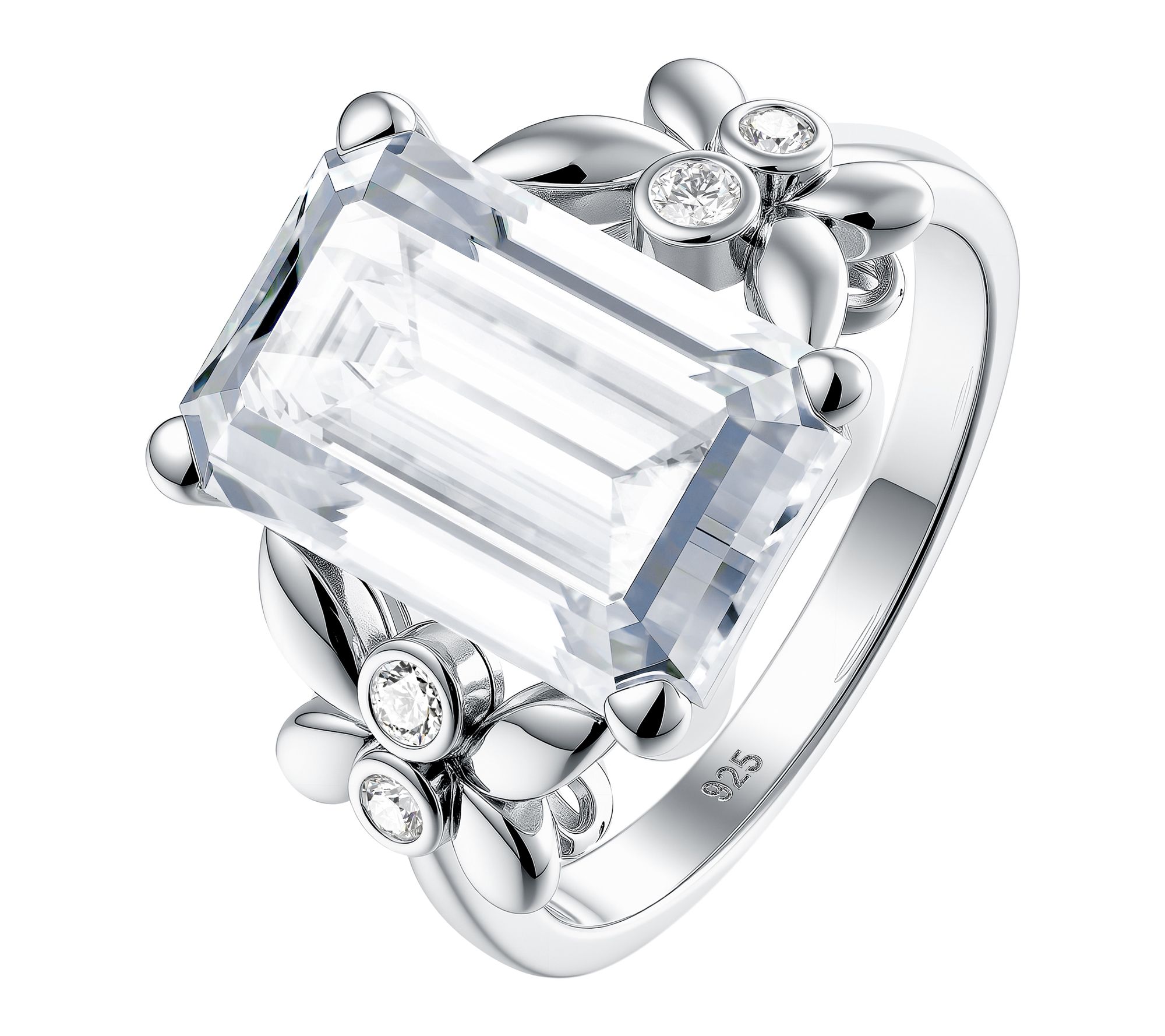 Moissanite Luxe Emerald Cut Floral Ring, Sterling Silver