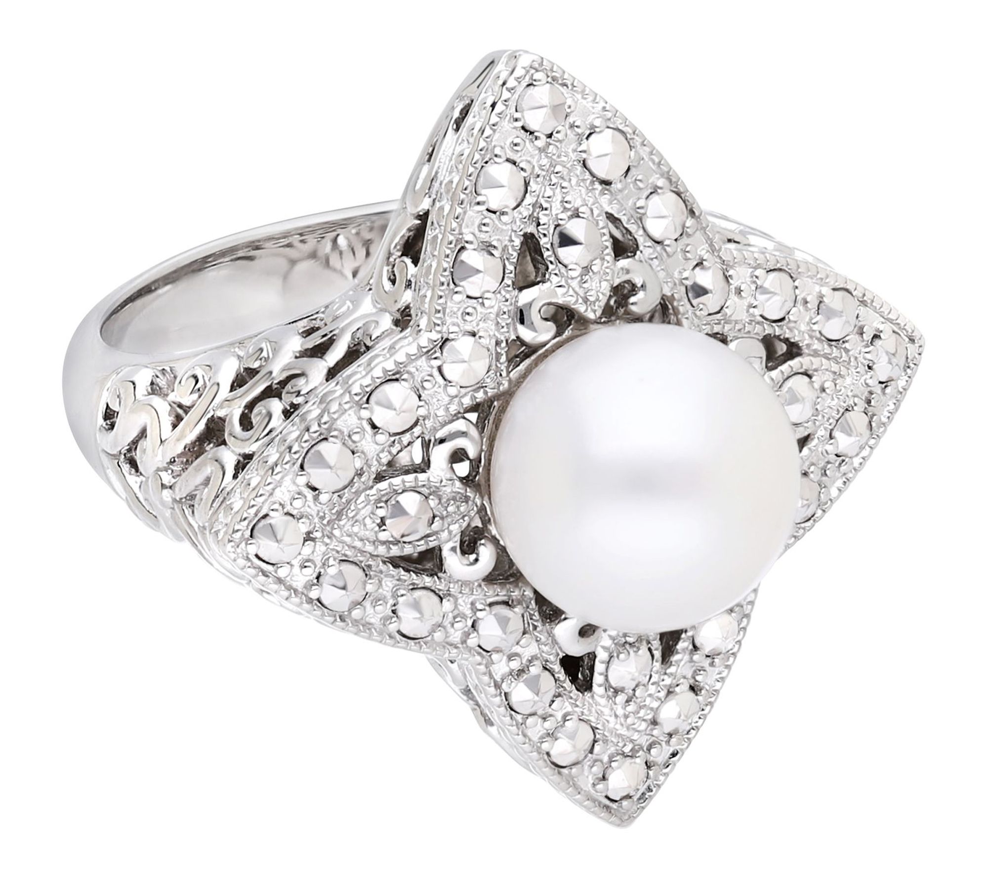Dallas Prince Sterling Chrome Marcasite Cultured Pearl Ring