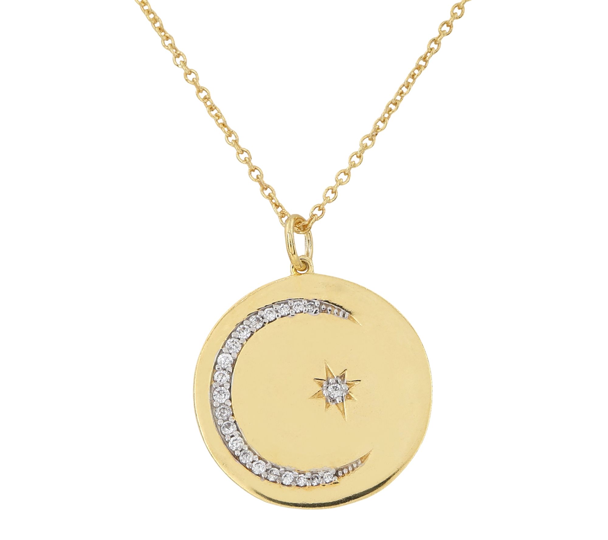 Diamonique Moon & Star Pendant w/ Chain, 14K Go d Plated
