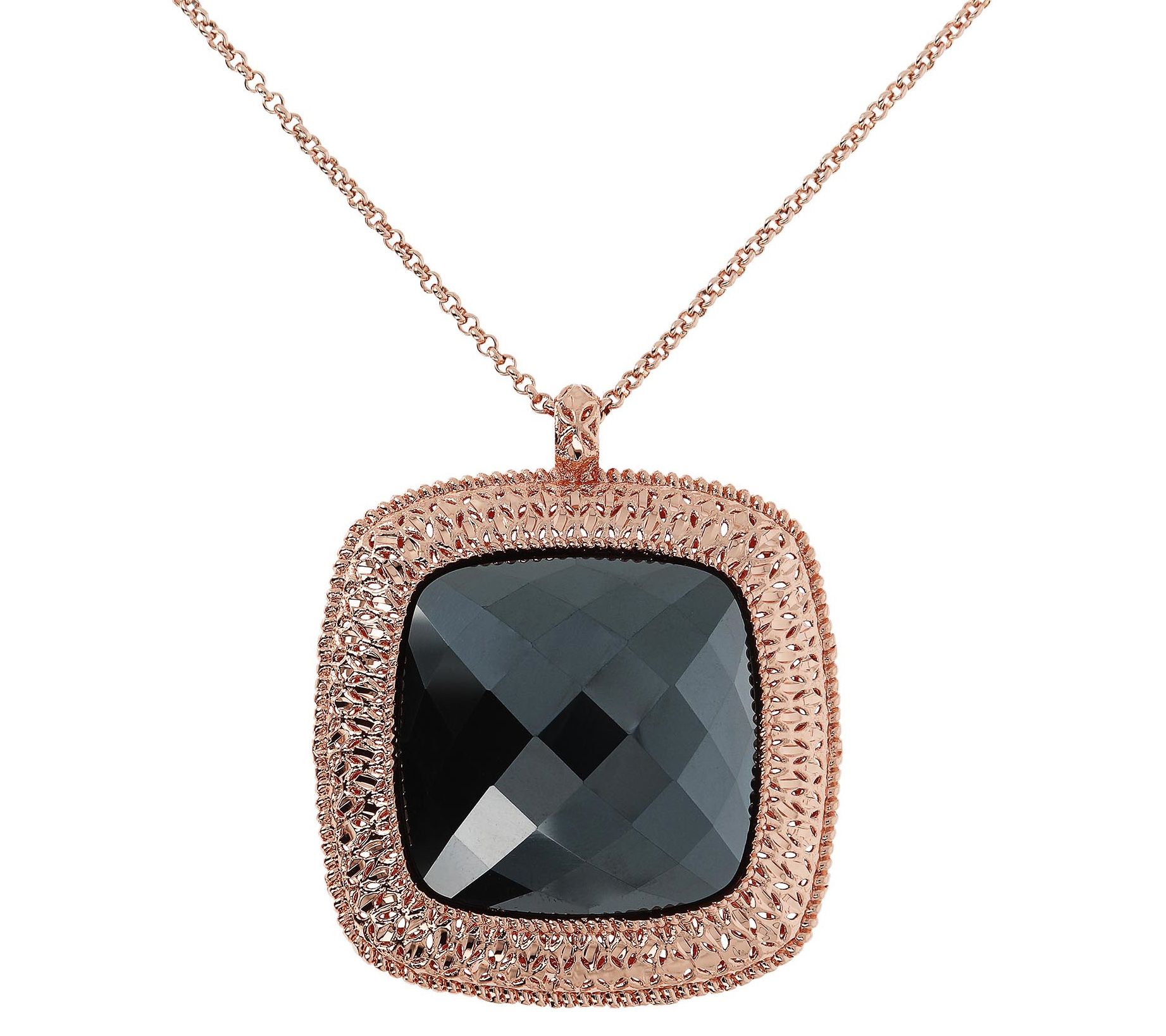 Bronzo Italia Cushion Cut Faceted Hematite Pendant w/ Chain