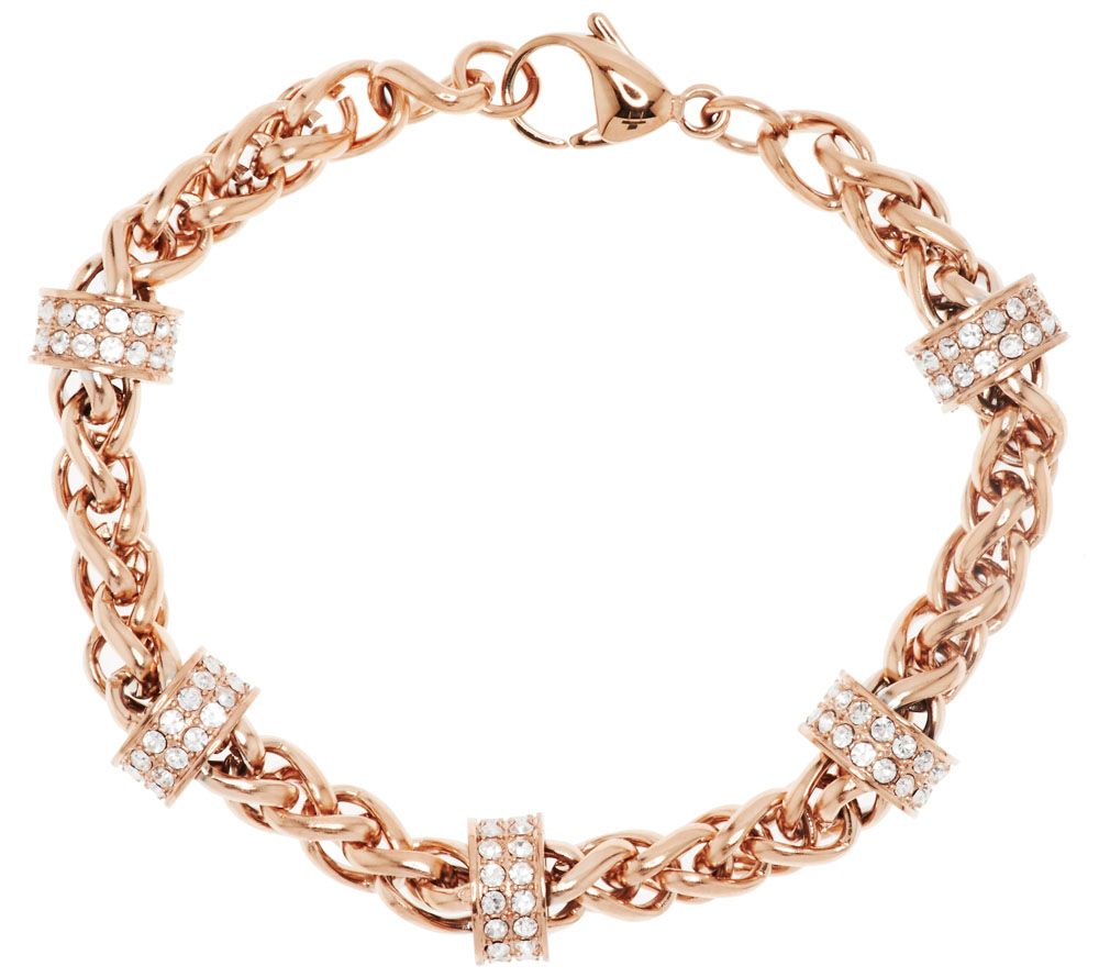 Stainless Steel Wheat Design Bracelet with Crystal Stations