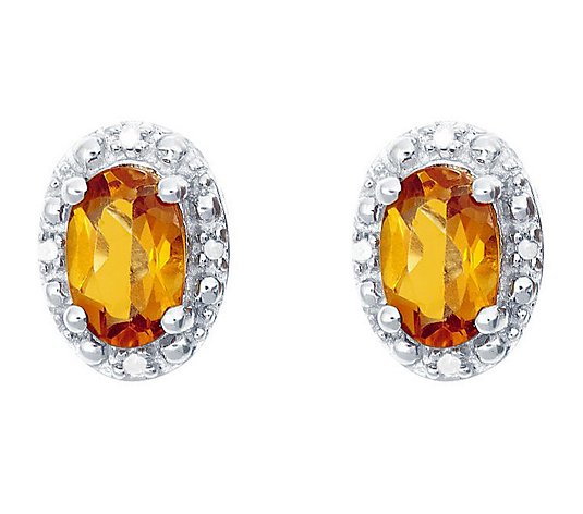 Sterling Oval Gemstone Stud Earrings with Diamond Accent