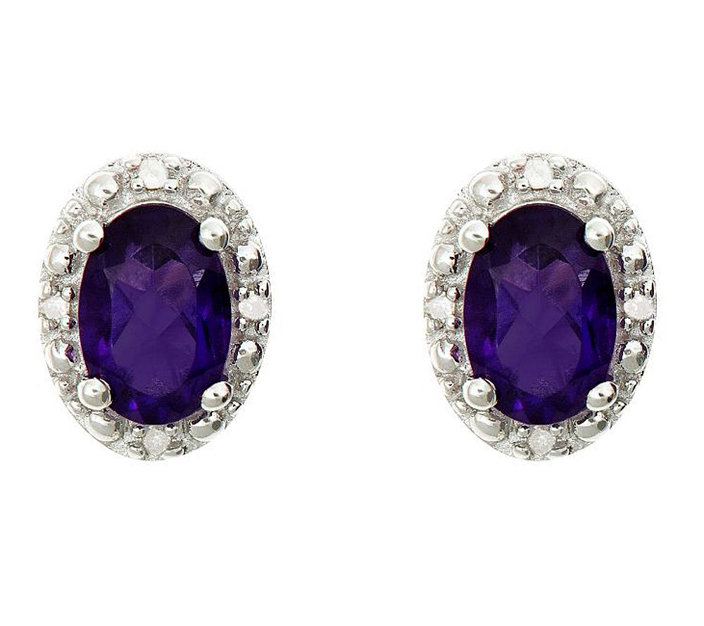 Sterling Oval Gemstone Stud Earrings with Diamond Accent