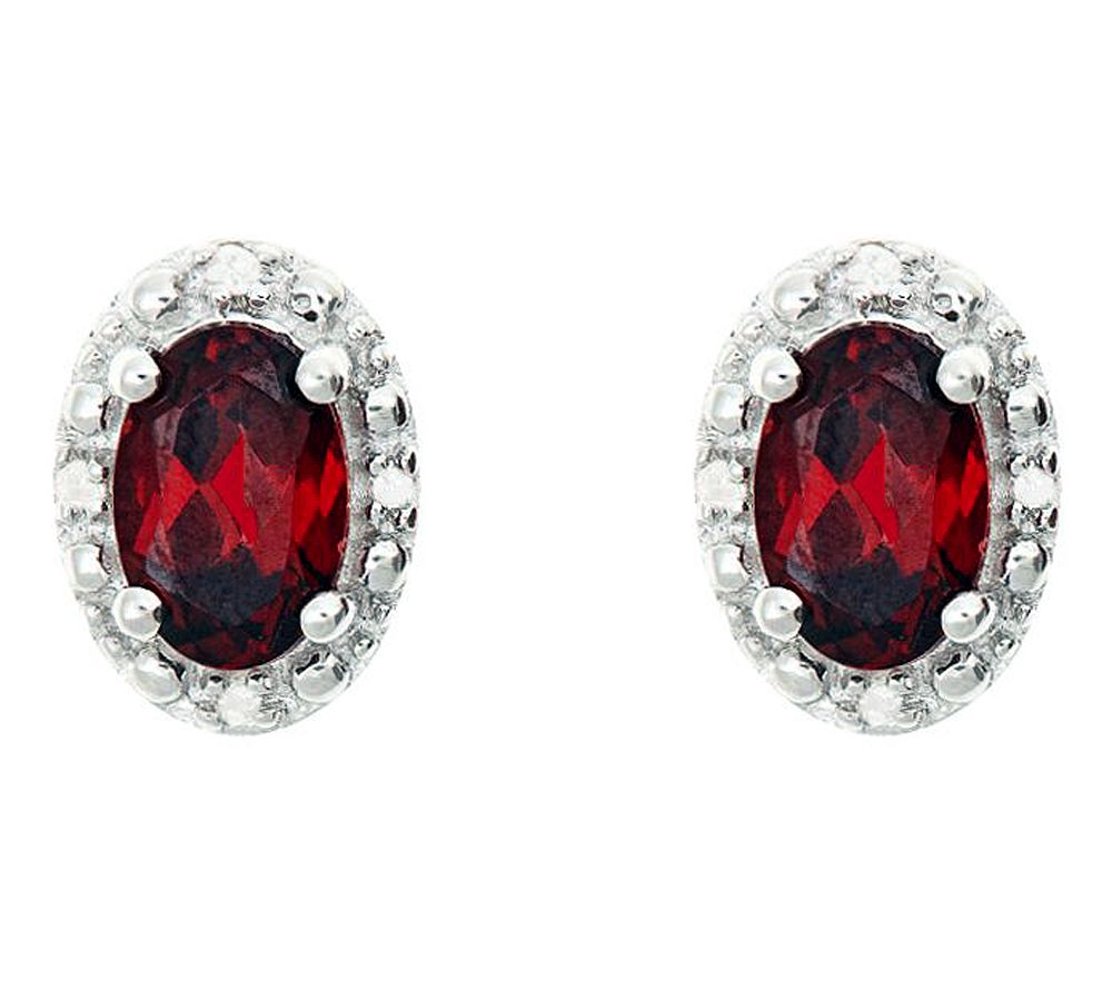 Sterling Oval Gemstone Stud Earrings with Diamond Accent