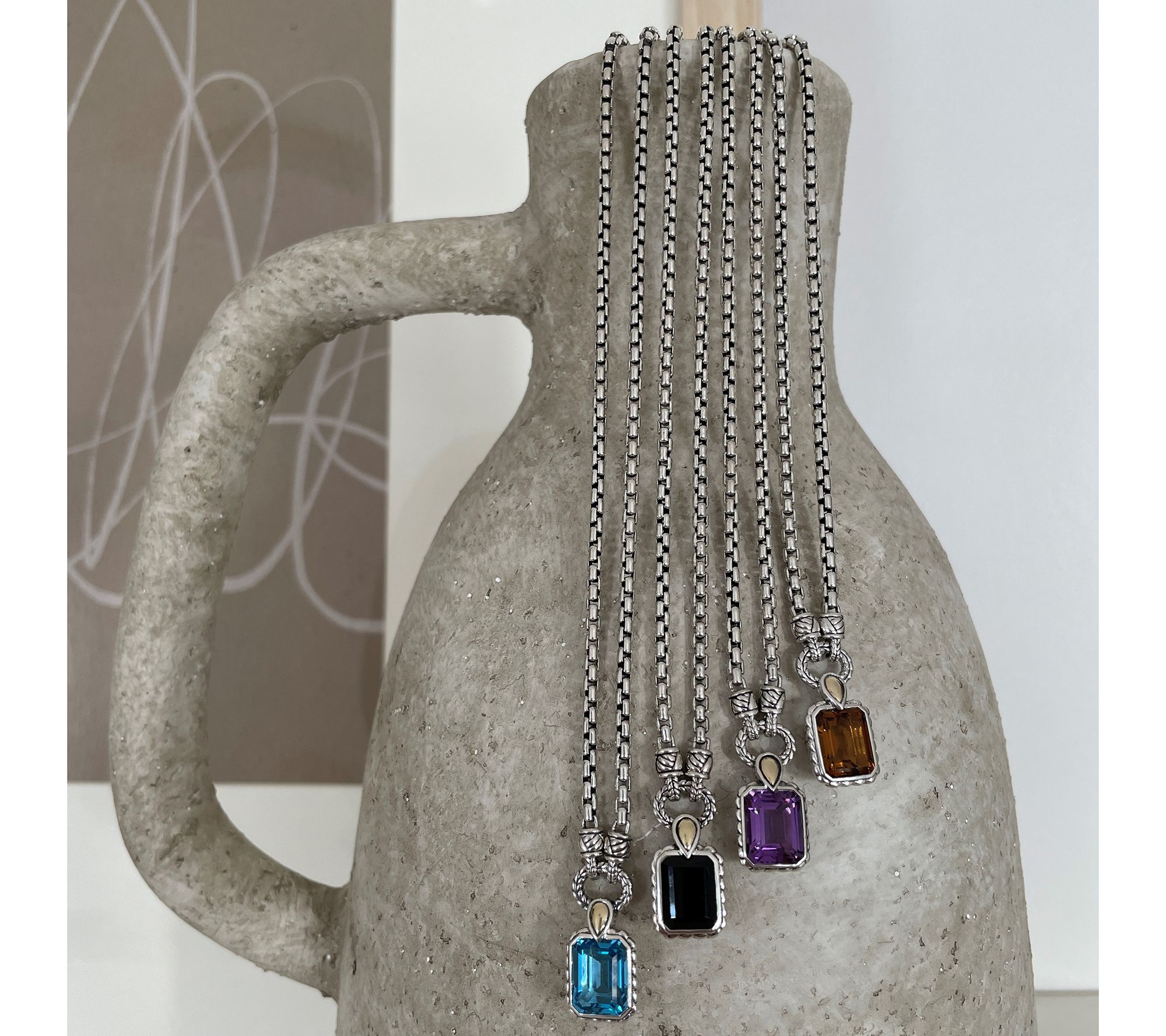 JAI Sterling Silver & 14K Emerald Cut Gemstone Necklace