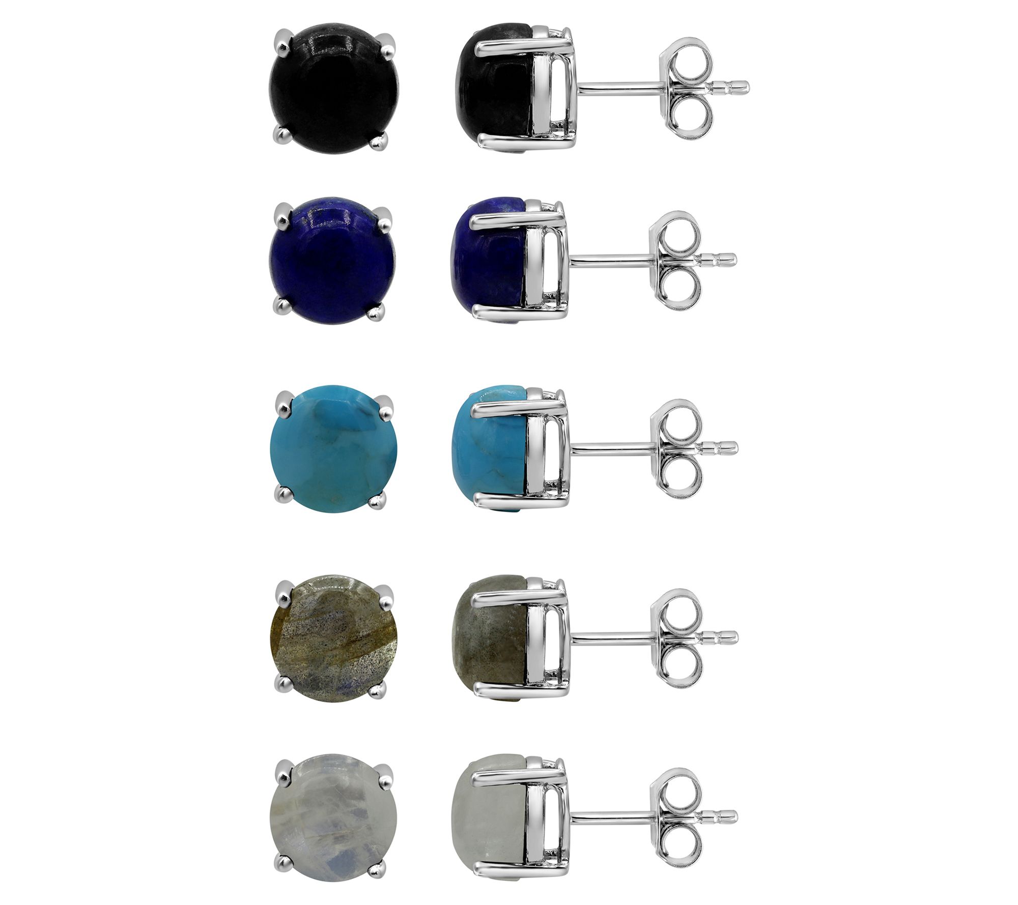 Affinity Gems Set of 5 Round Gemstone Stud Earrings, Sterling