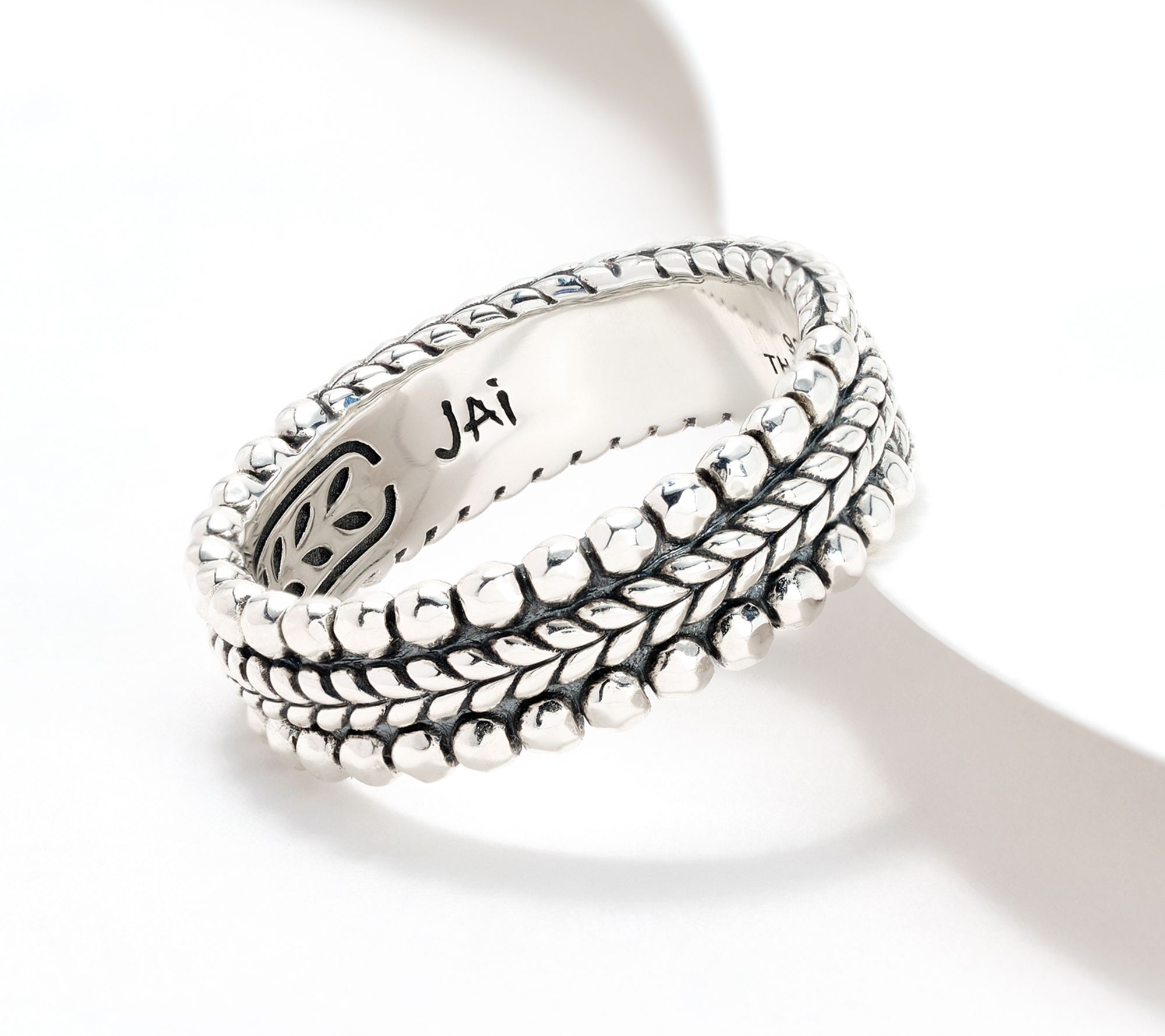 JAI Sterling Silver Basketweave & Shimmer Bead Band Ring