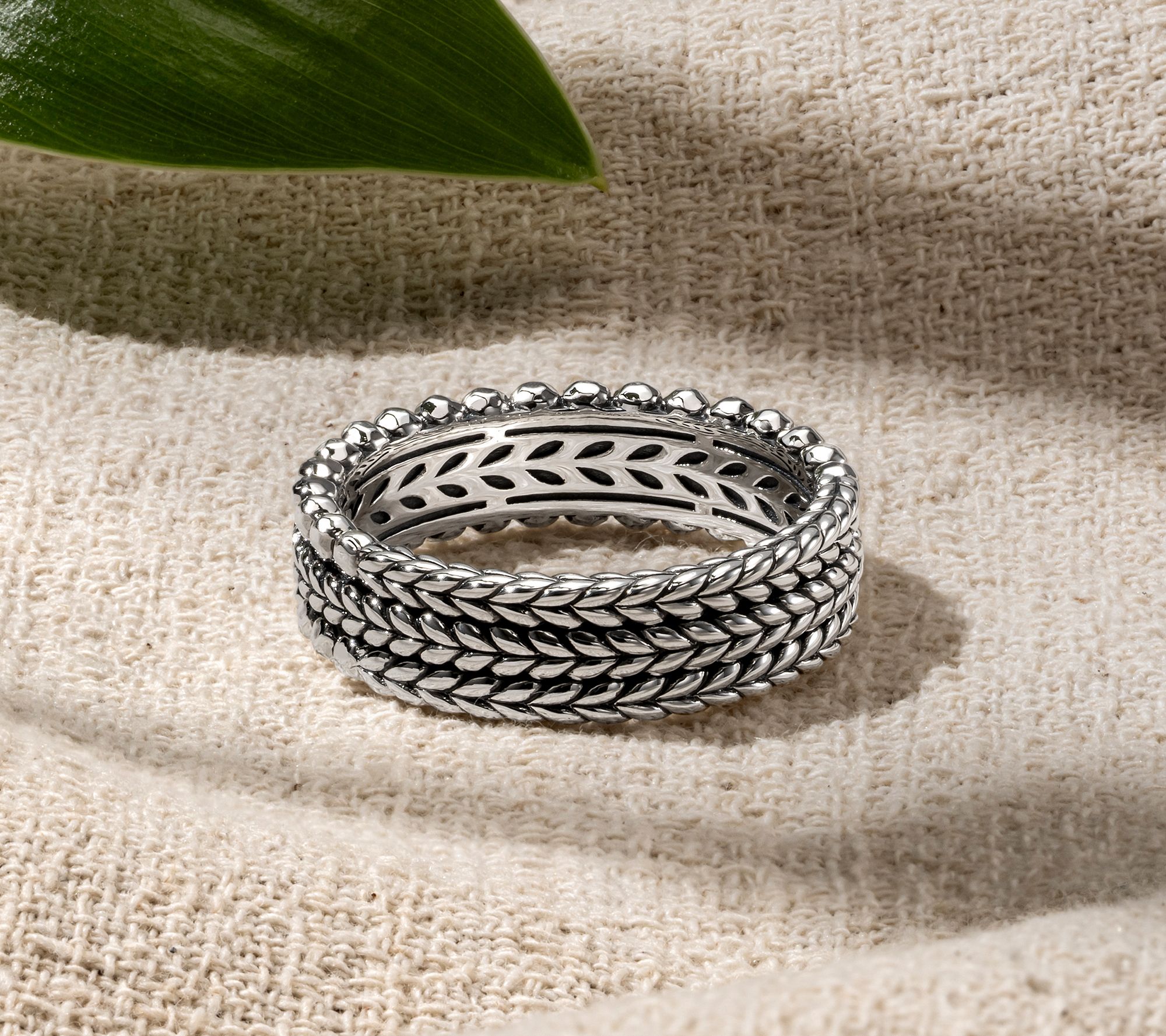 JAI Sterling Silver Basketweave & Shimmer Bead Band Ring