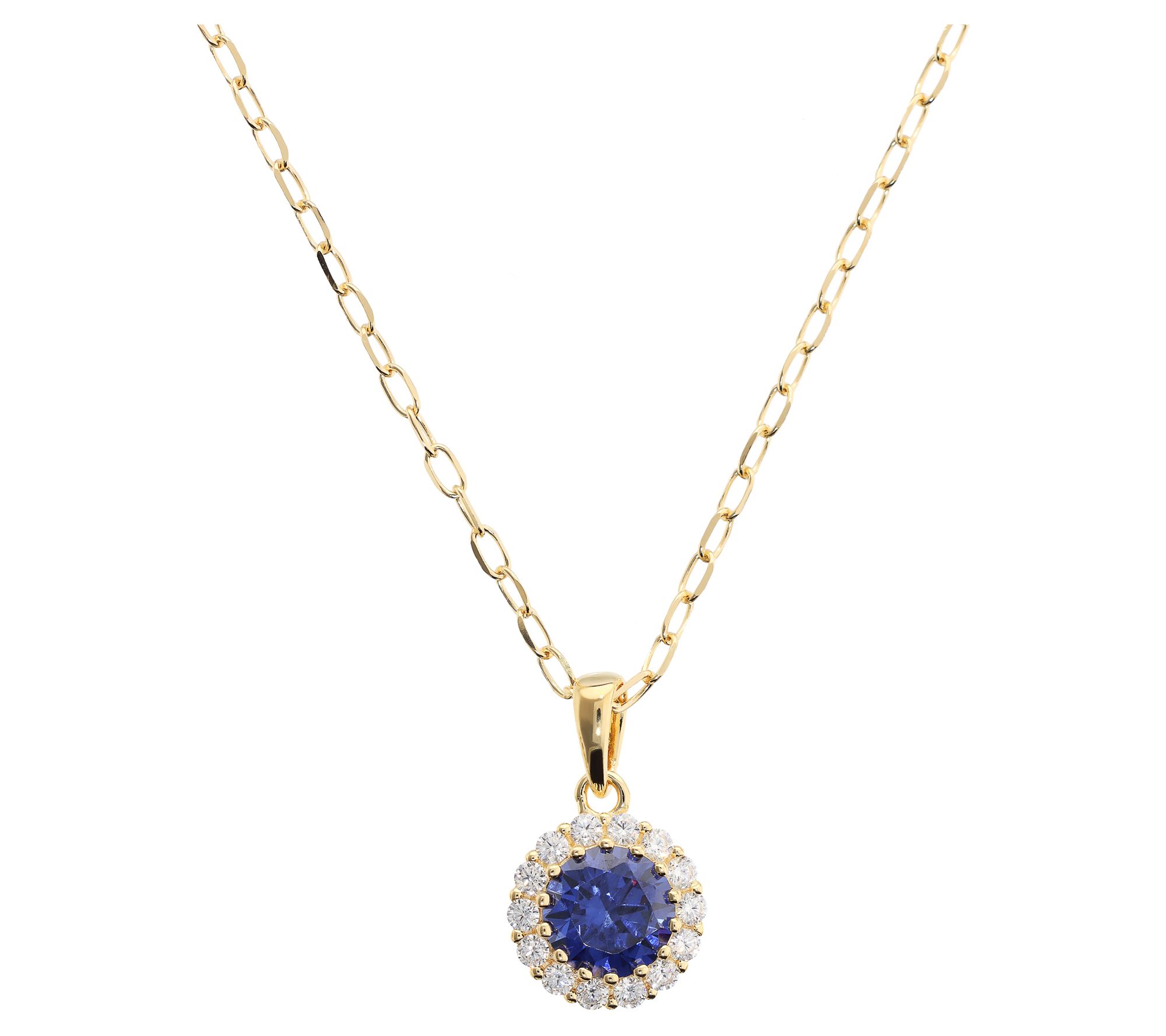 Diamonique Halo Pendant w/ Chain, 14K Gold Plated
