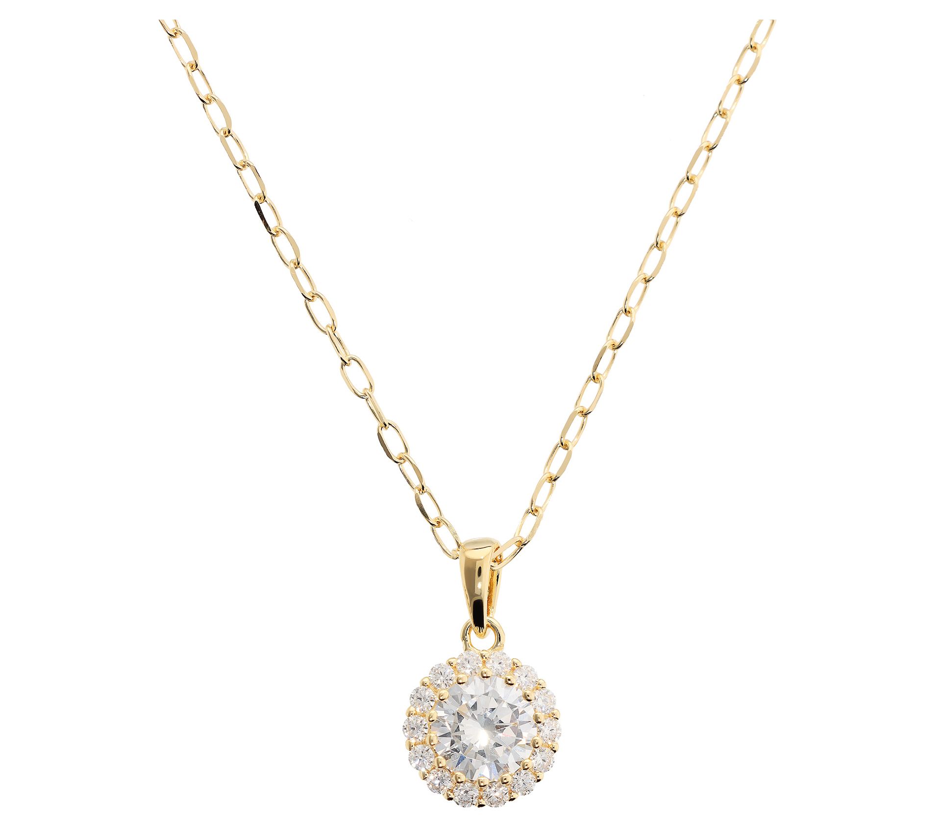 Diamonique Halo Pendant w/ Chain, 14K Gold Plated