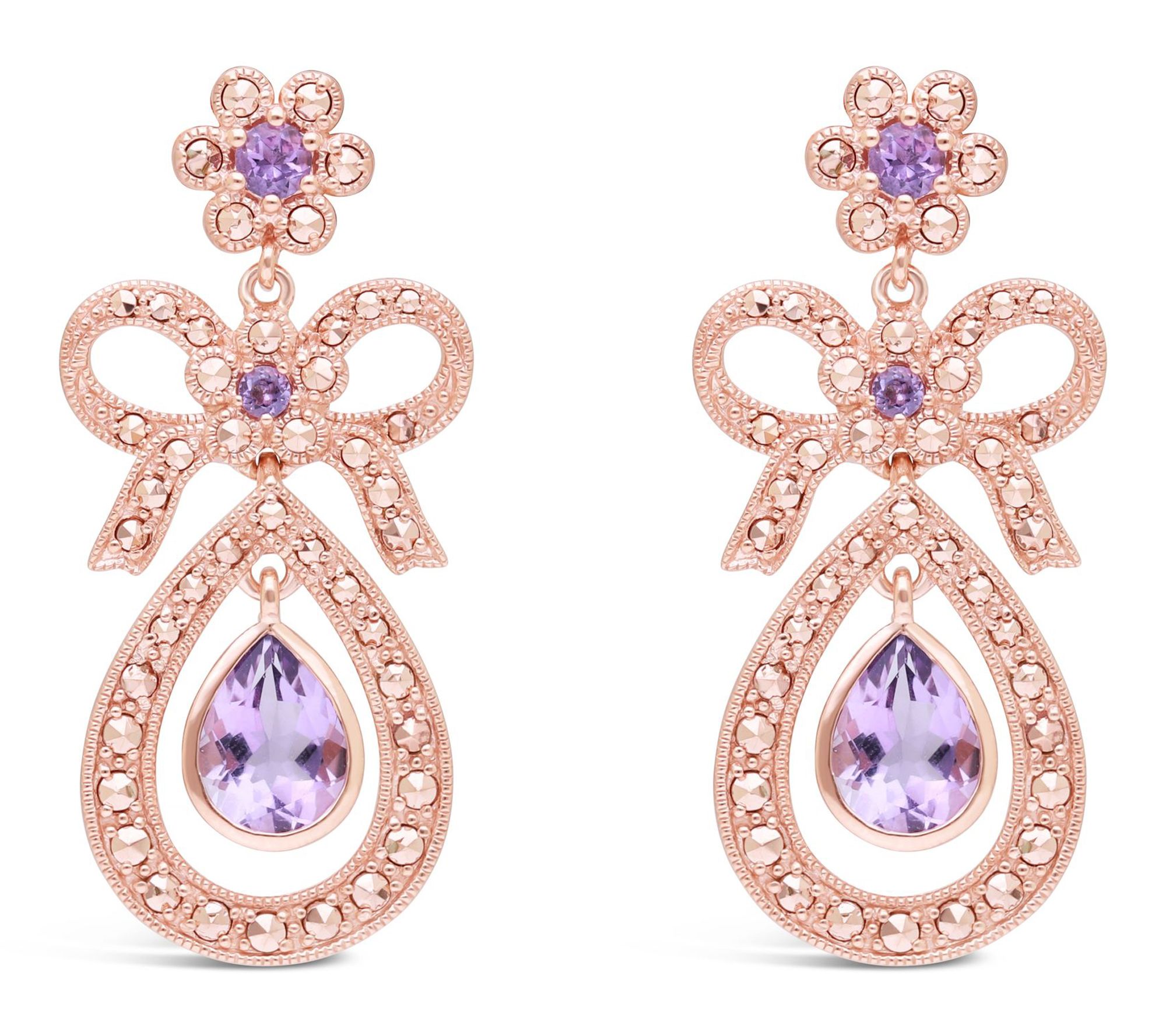 Dallas Prince 14K Clad Chrome Marcasite Amethyst Drop Earrings