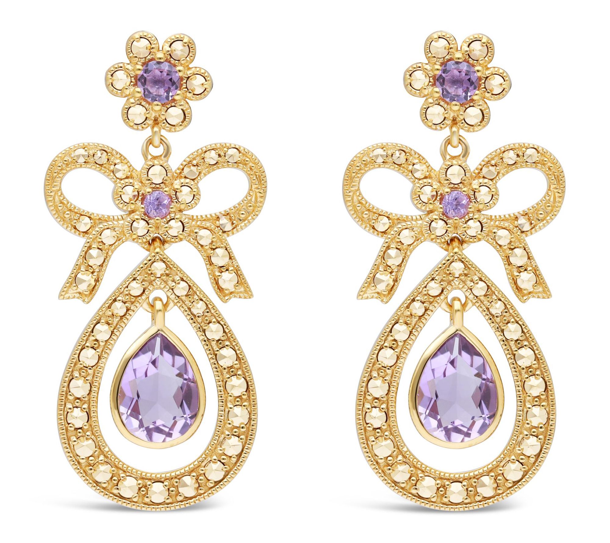 Dallas Prince 14K Clad Chrome Marcasite Amethyst Drop Earrings