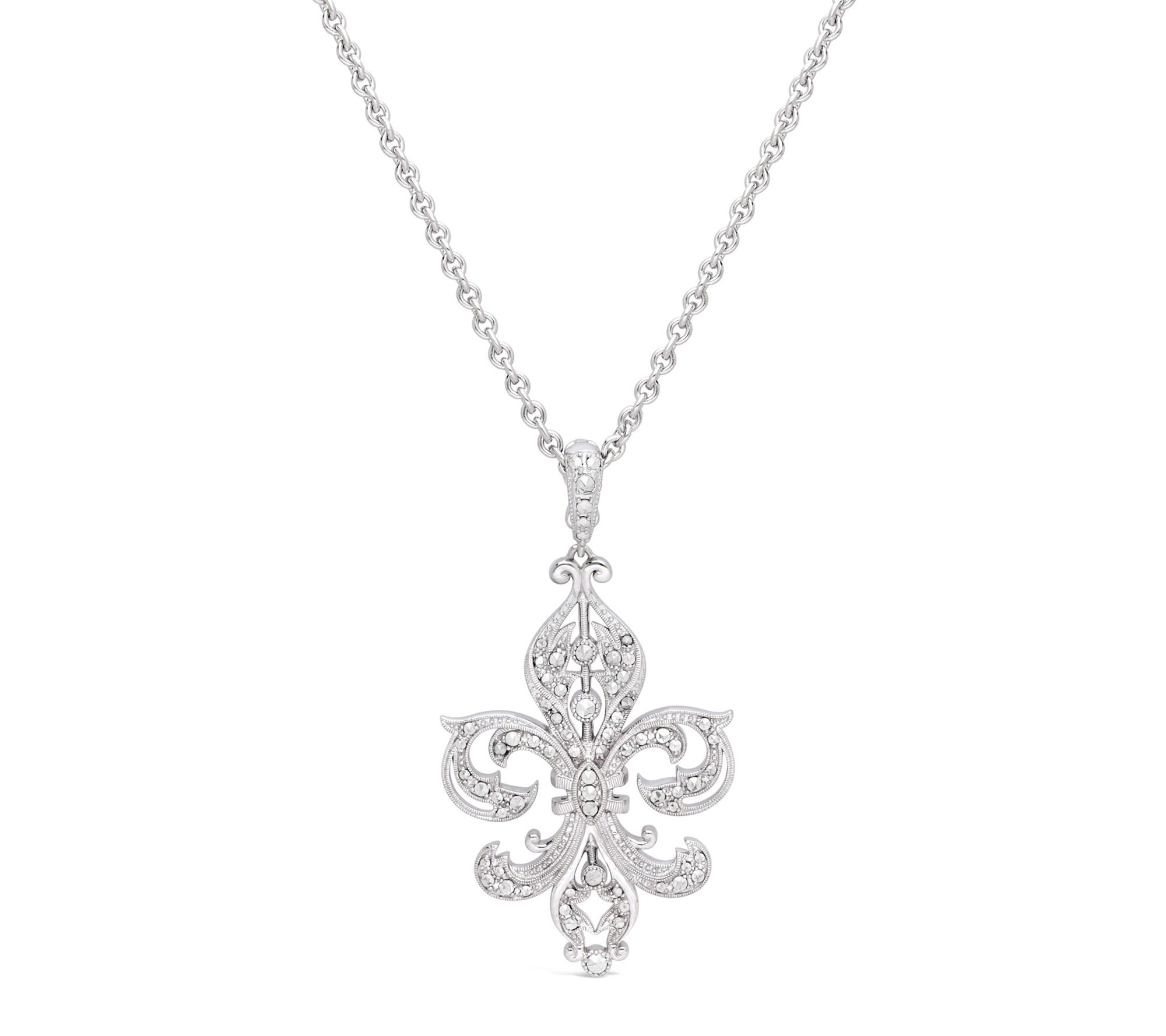 Dallas Prince Silver Chrome Marcasite Fleur DeLis Necklace