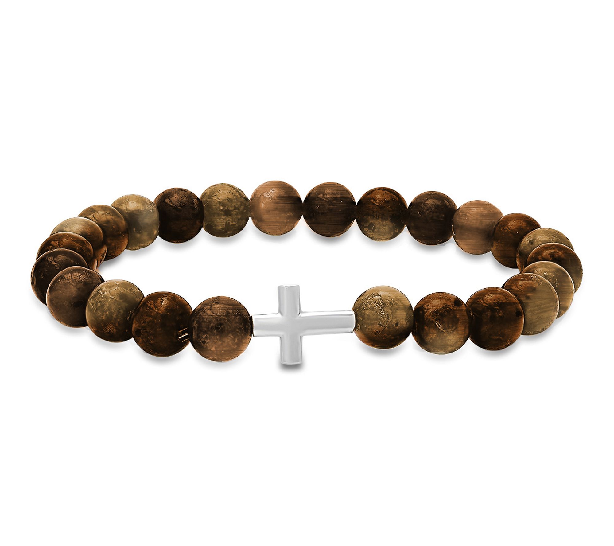 Silver Style Men's Cross Gemstone Beaded Bracel t, Sterling