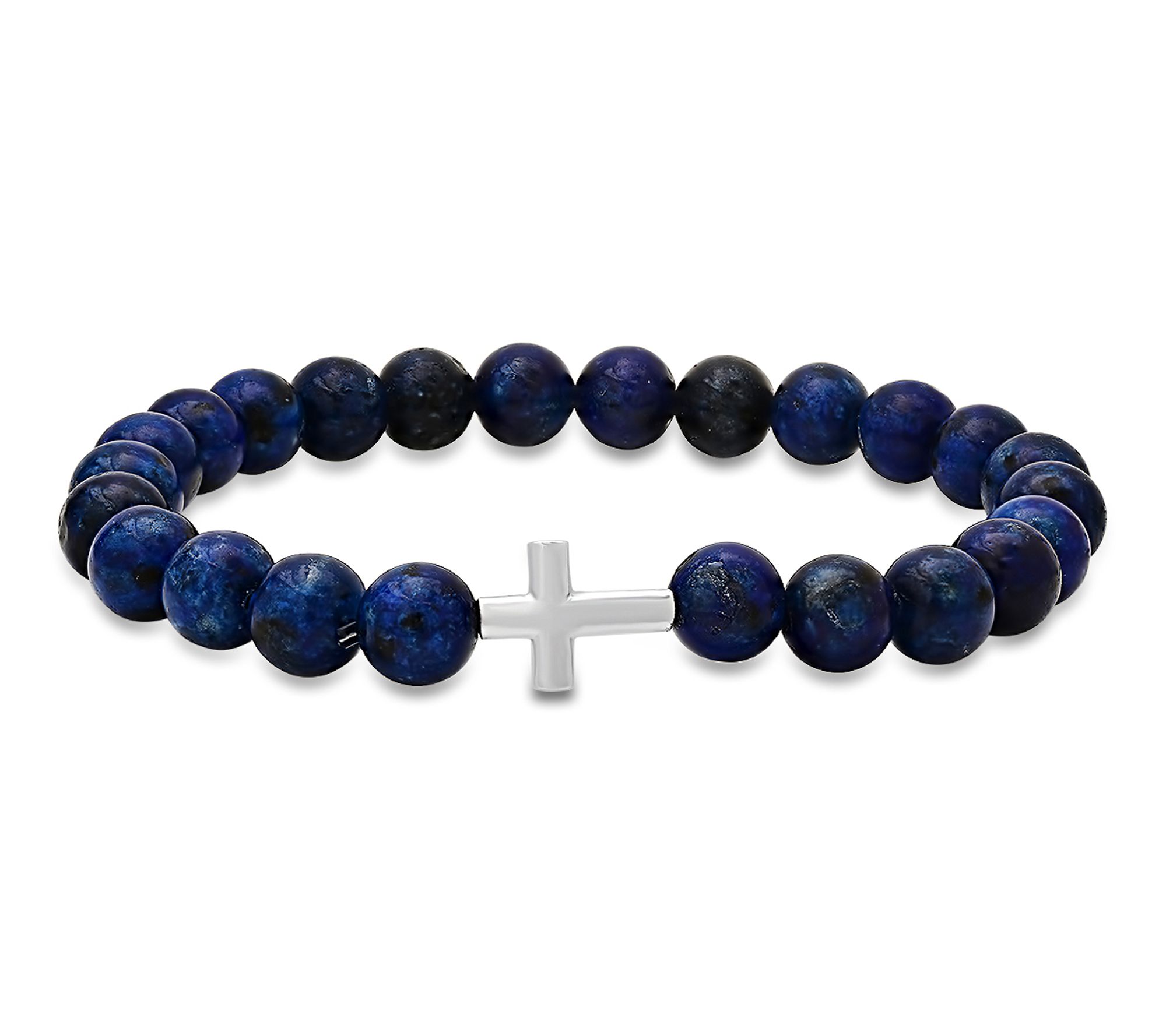 Silver Style Men's Cross Gemstone Beaded Bracelet, Sterling