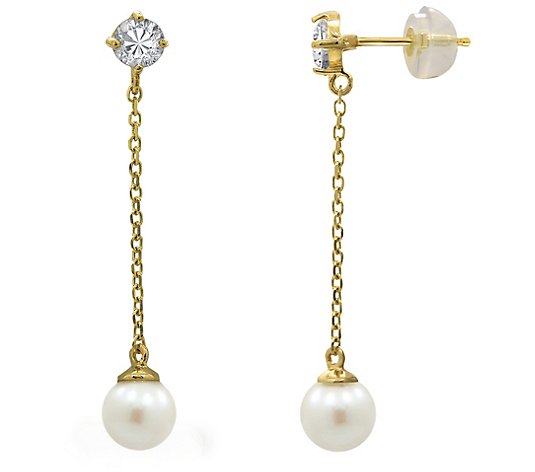 Diamonique 0.40 cttw Cultured Pearl Drop Earrings, 14K Gold