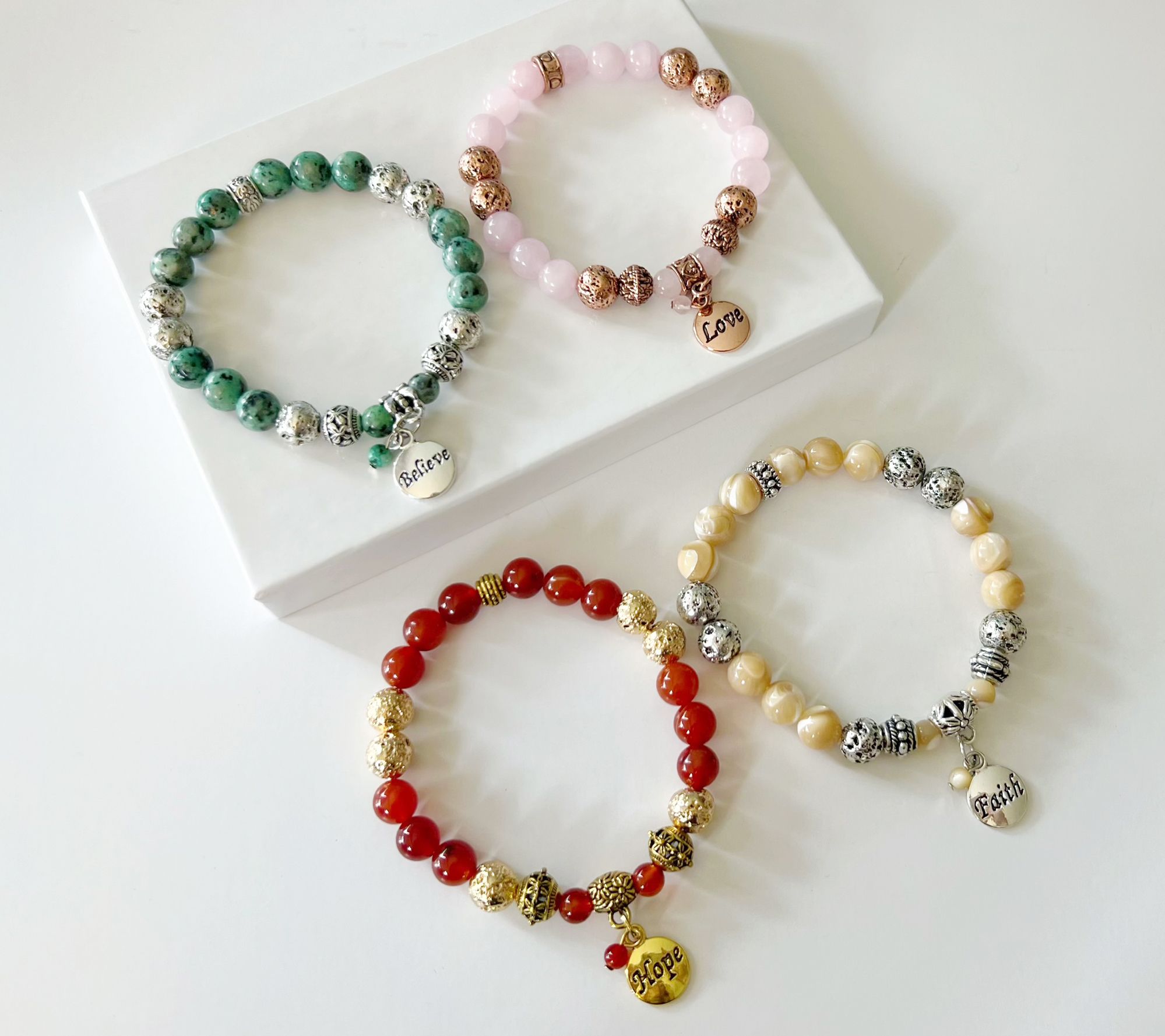 Set of 4 Lava Bead Bracelets w/Inspirational Word Bar Charm in Bag 